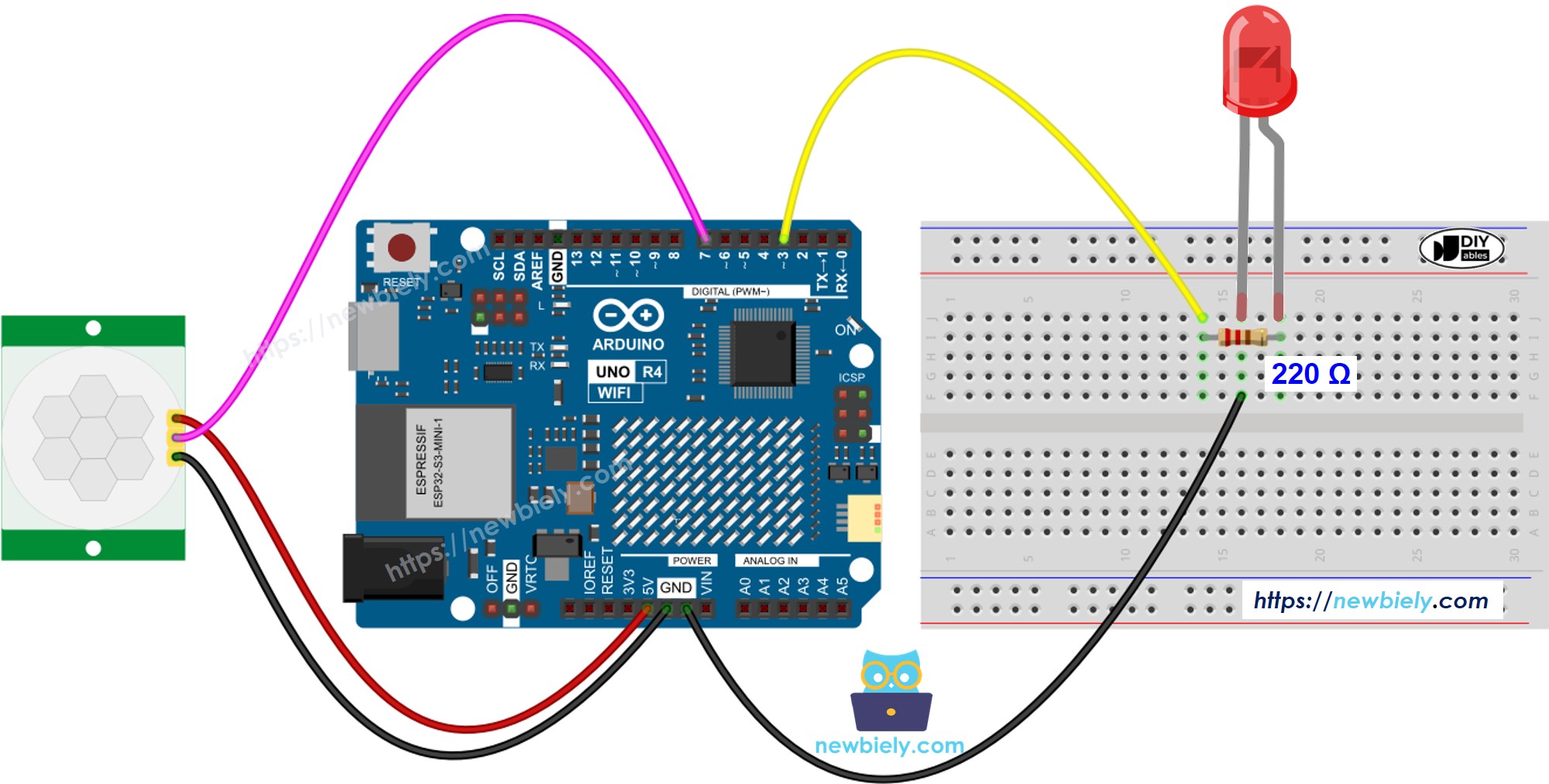 Arduino UNO R4 Motion Sensor LED Bedradingsschema