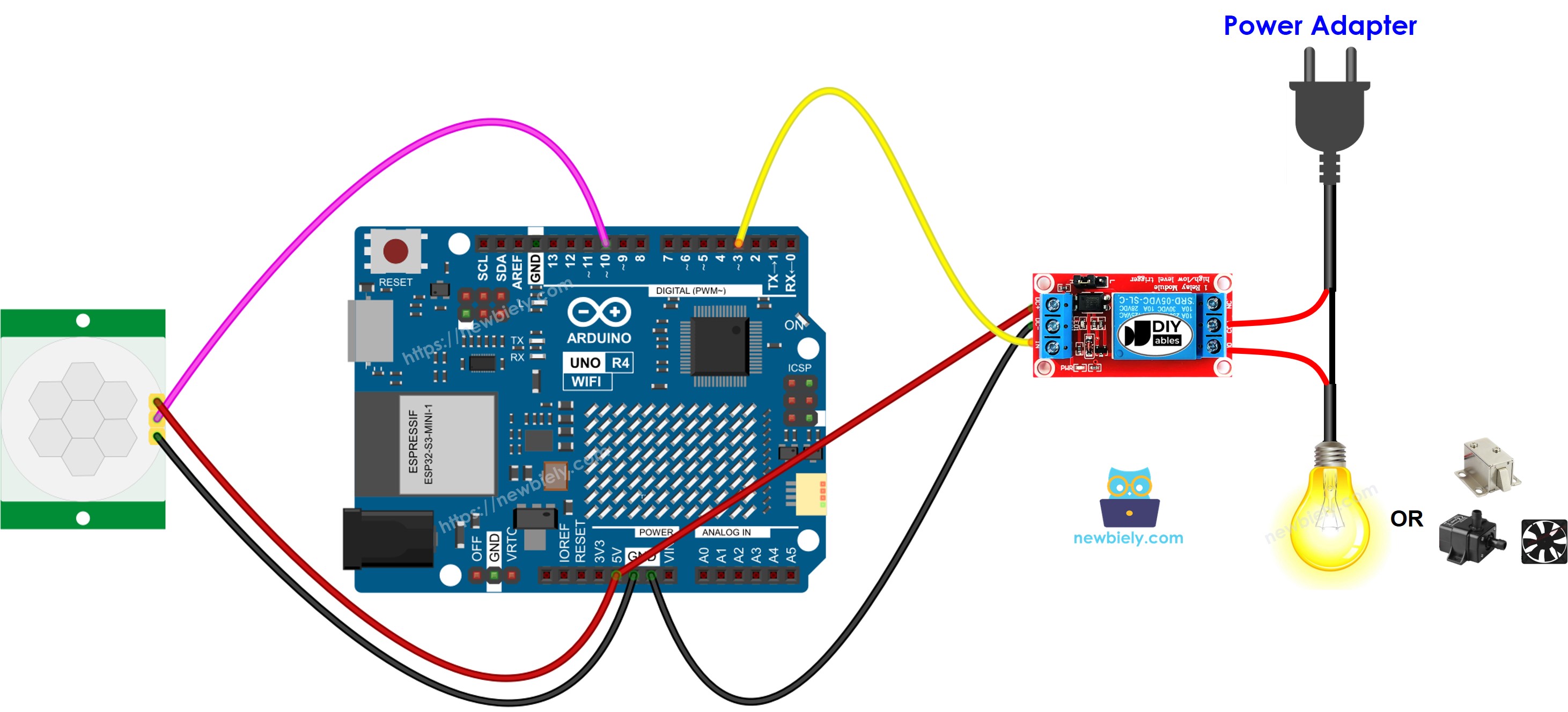 Arduino UNO R4 Motion Sensor Relay Wiring Diagram