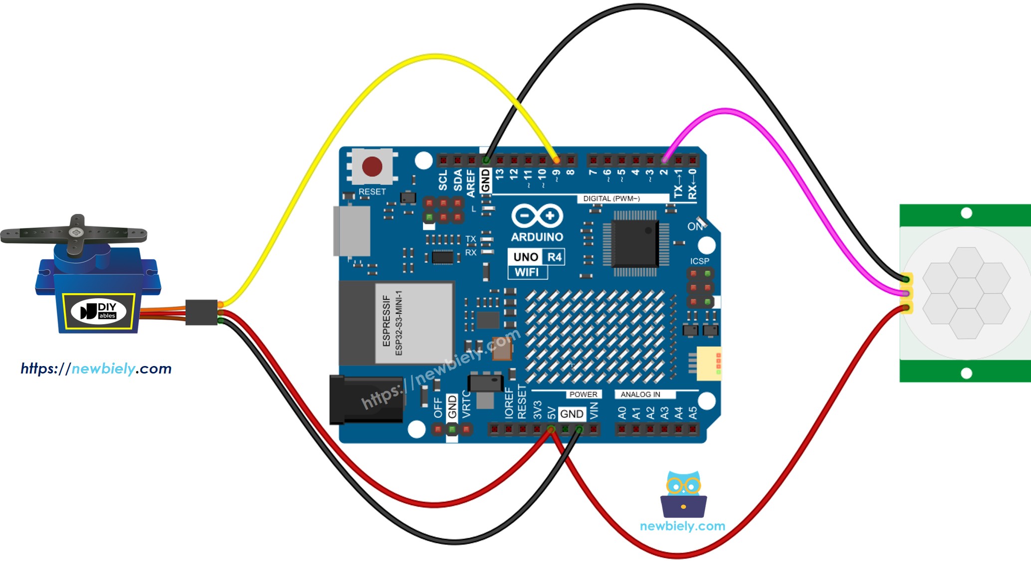Arduino UNO R4 Motion Sensor Servo Motor Wiring Diagram