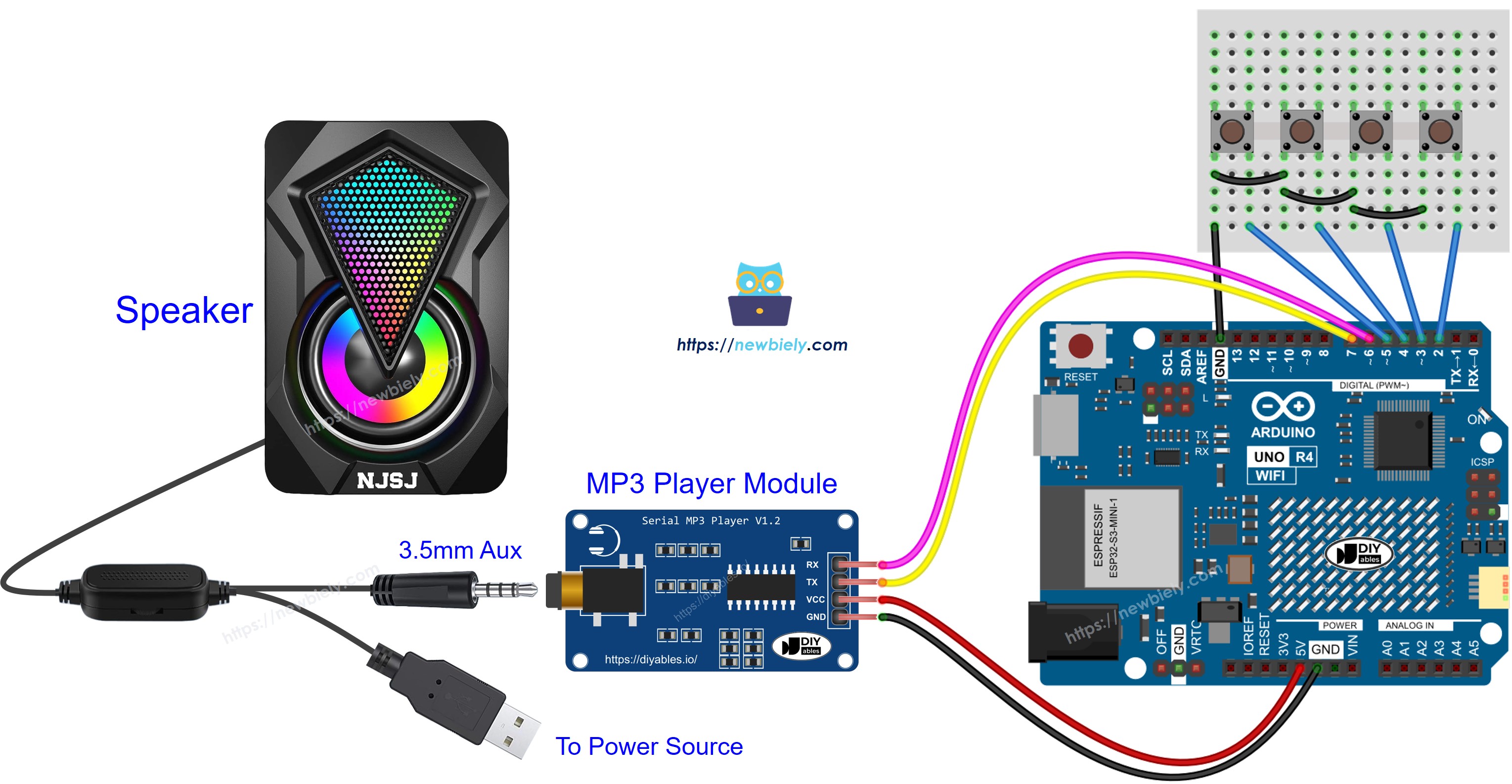 Arduino UNO R4 MP3 speler speaker Bedradingsschema