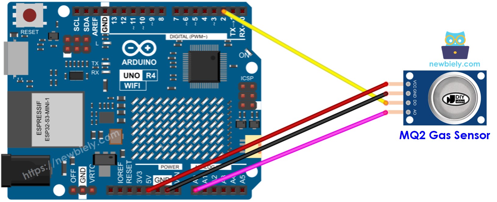 Arduino UNO R4 MQ2 gas sensor wiring diagram