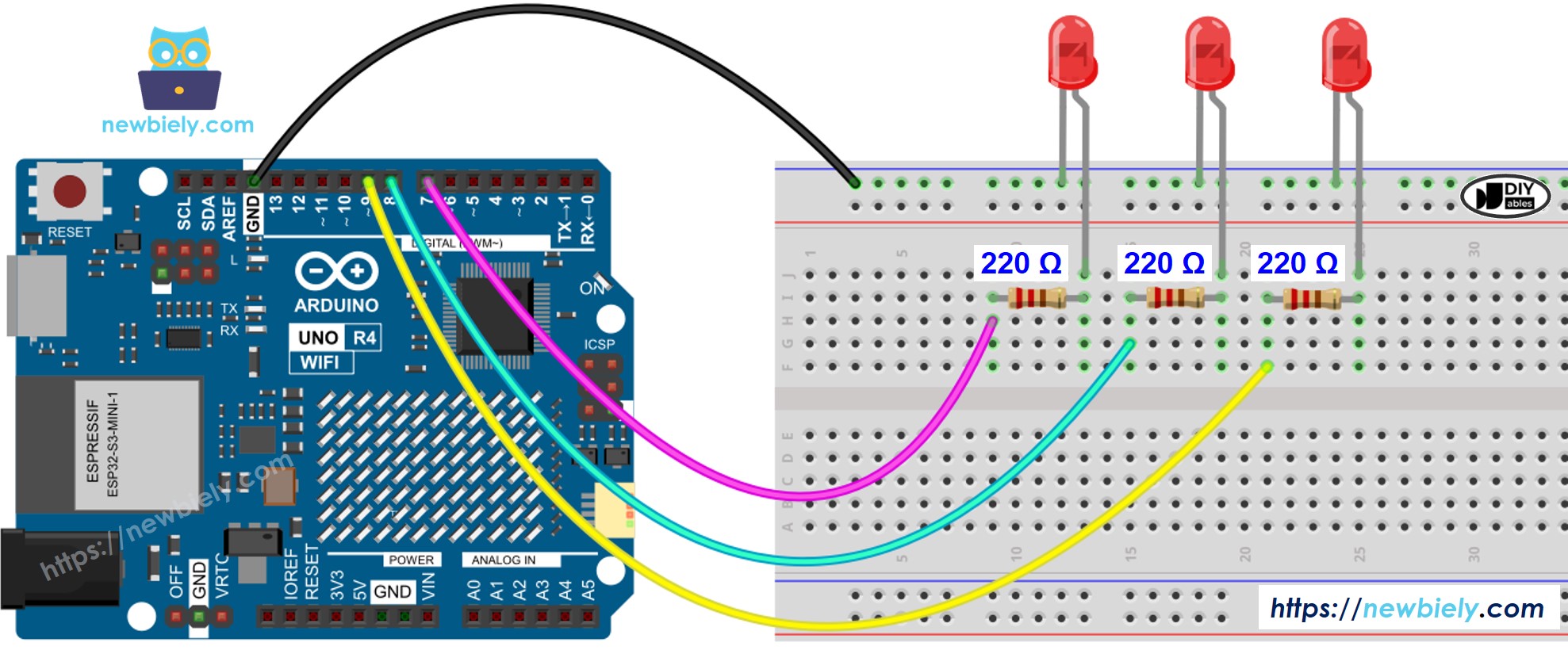 Arduino UNO R4 meerdere LED Bedradingsdiagram