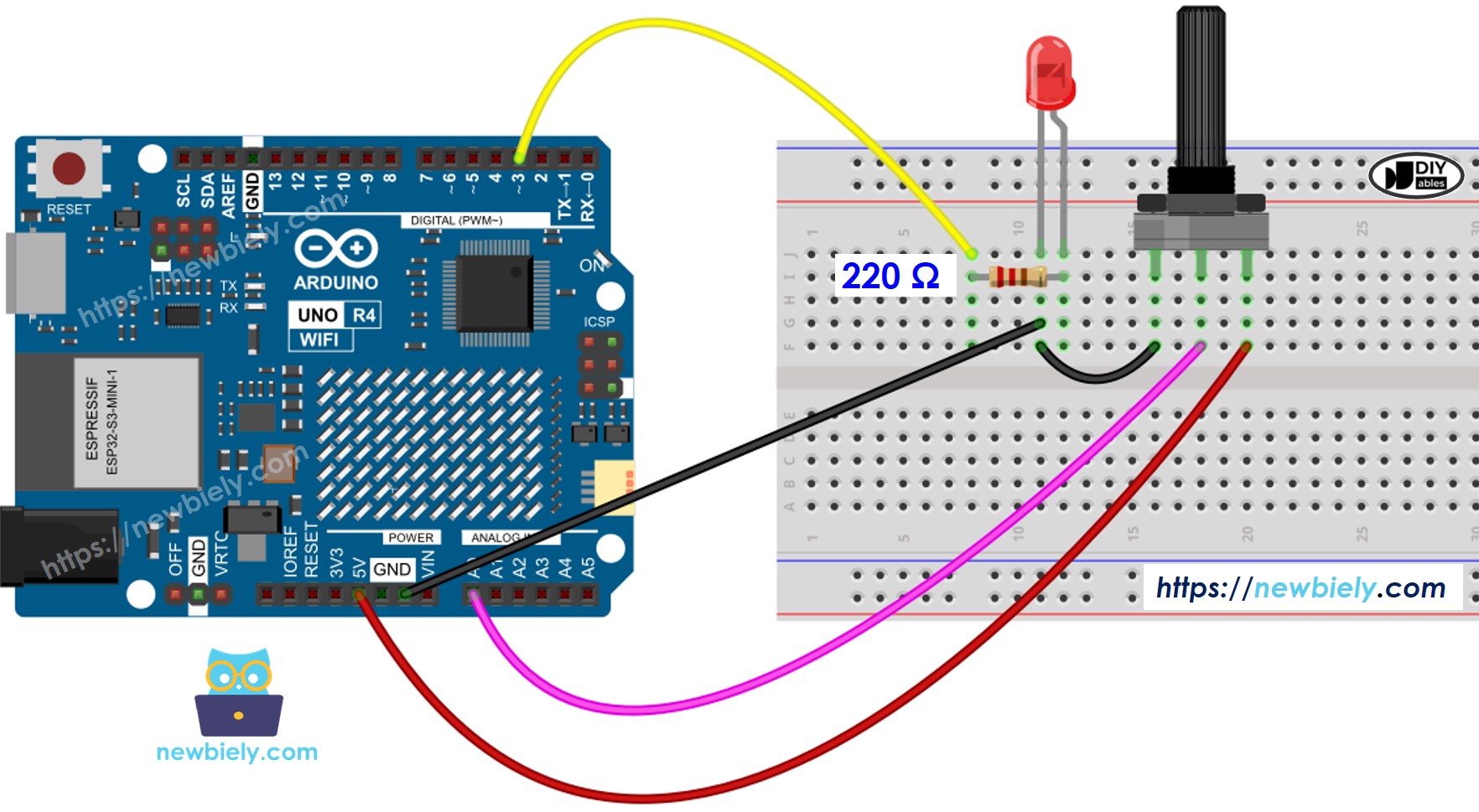 Arduino UNO R4 Rotary Potentiometer LED Wiring Diagram