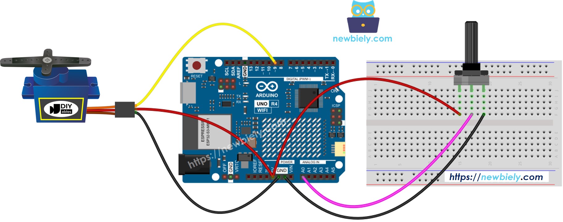Arduino UNO R4 Servo Motor Potentiometer Bedradingsschema