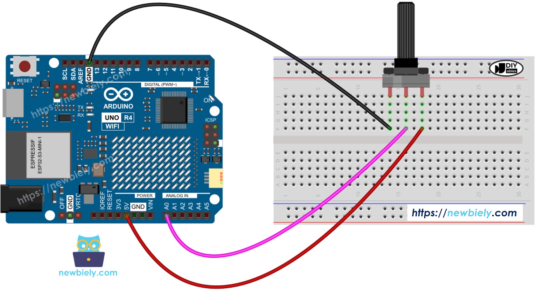 Arduino UNO R4 Potentiometer Wiring Diagram