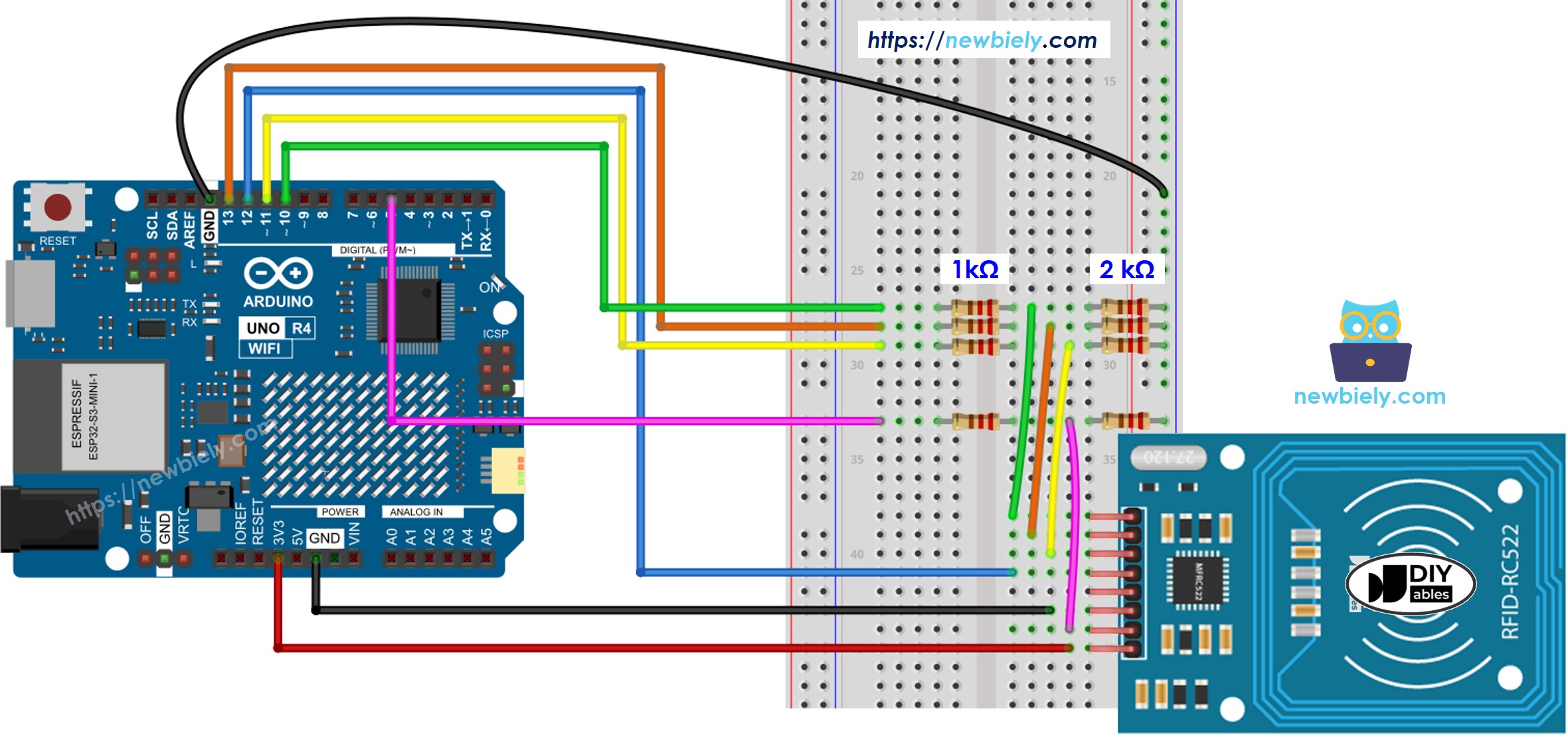Arduino UNO R4 RFID RC522 with voltage regulated wiring diagram