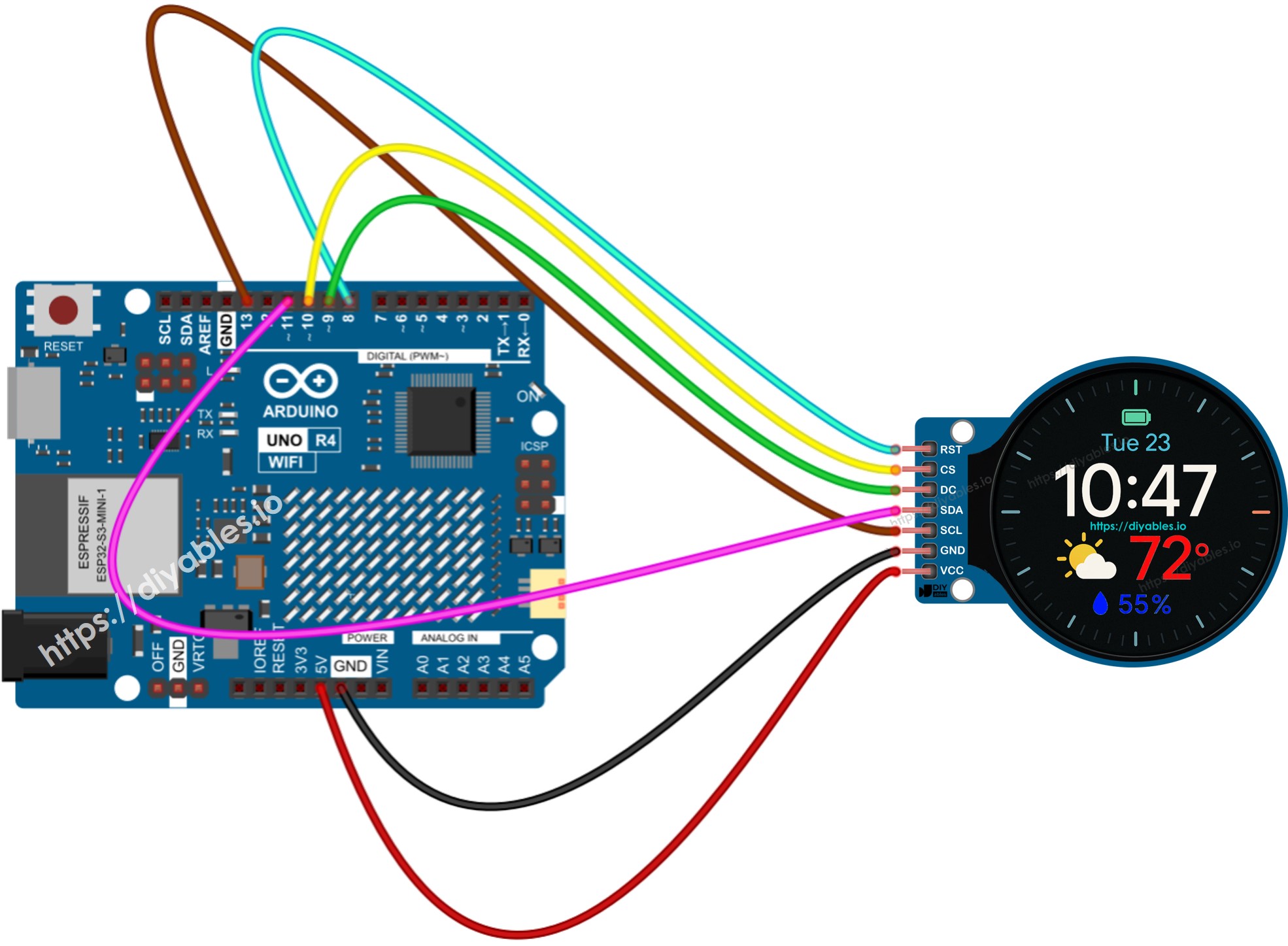 Arduino UNO R4 1.28 Inch Round Circular TFT LCD Display Screen Wiring Diagram