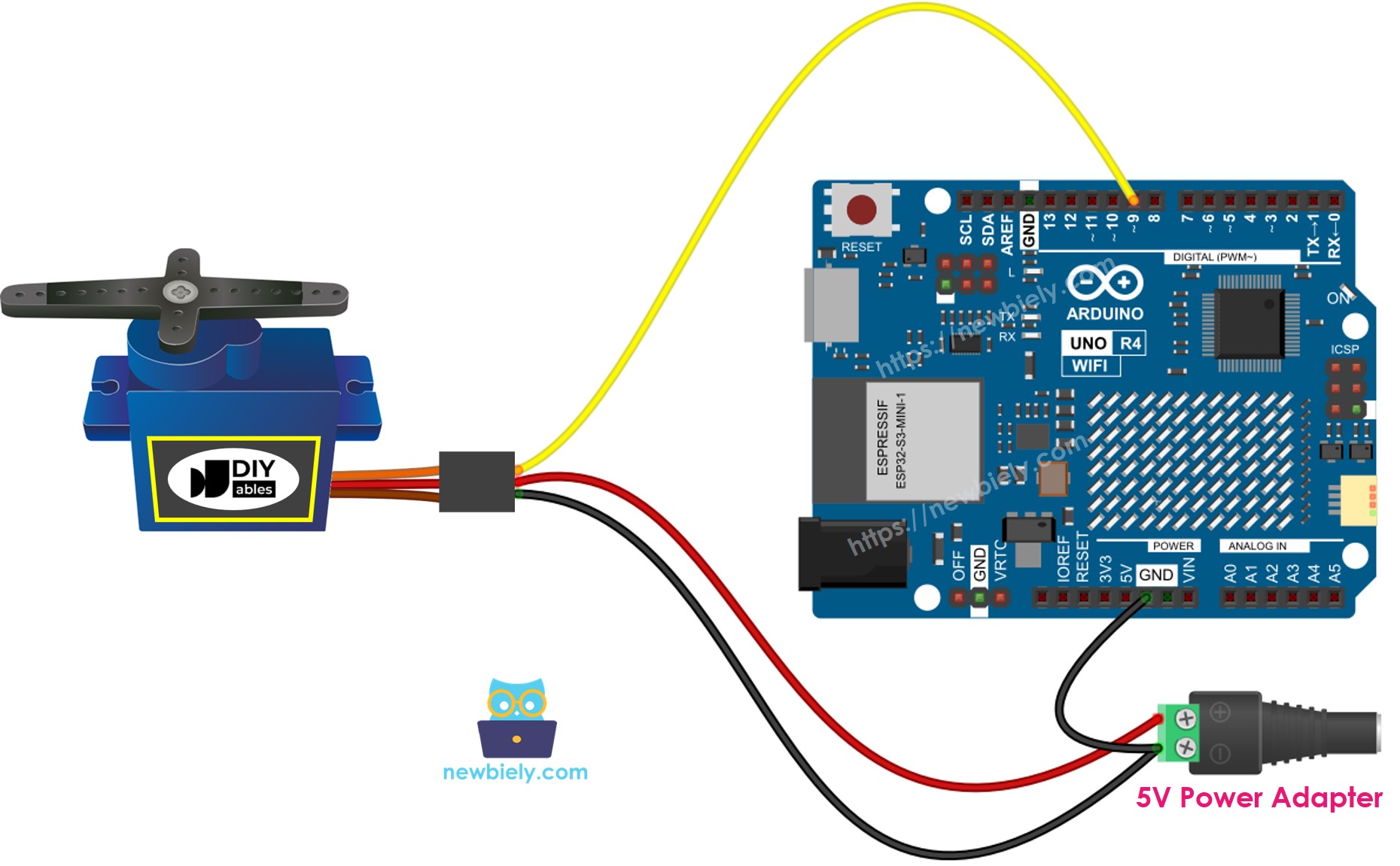 Arduino UNO R4 servo motor external power supply wiring diagram