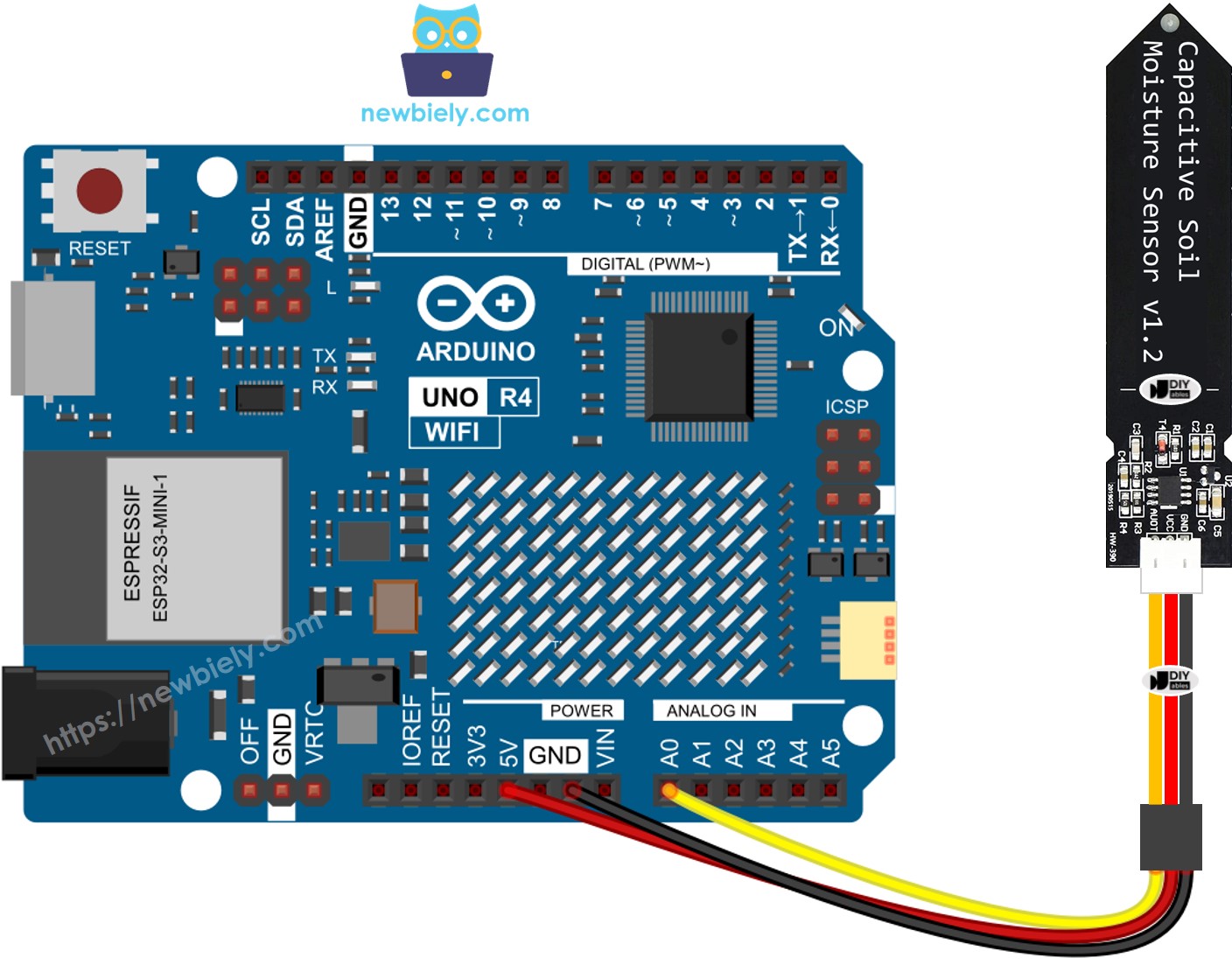 Arduino UNO R4 bodemvochtigheid sensor Bedradingsdiagram