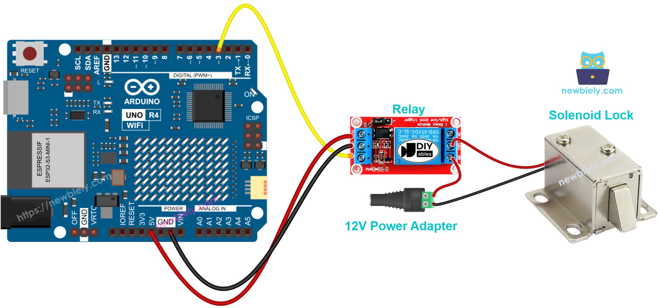 Arduino UNO R4 solenoid lock Wiring Diagram