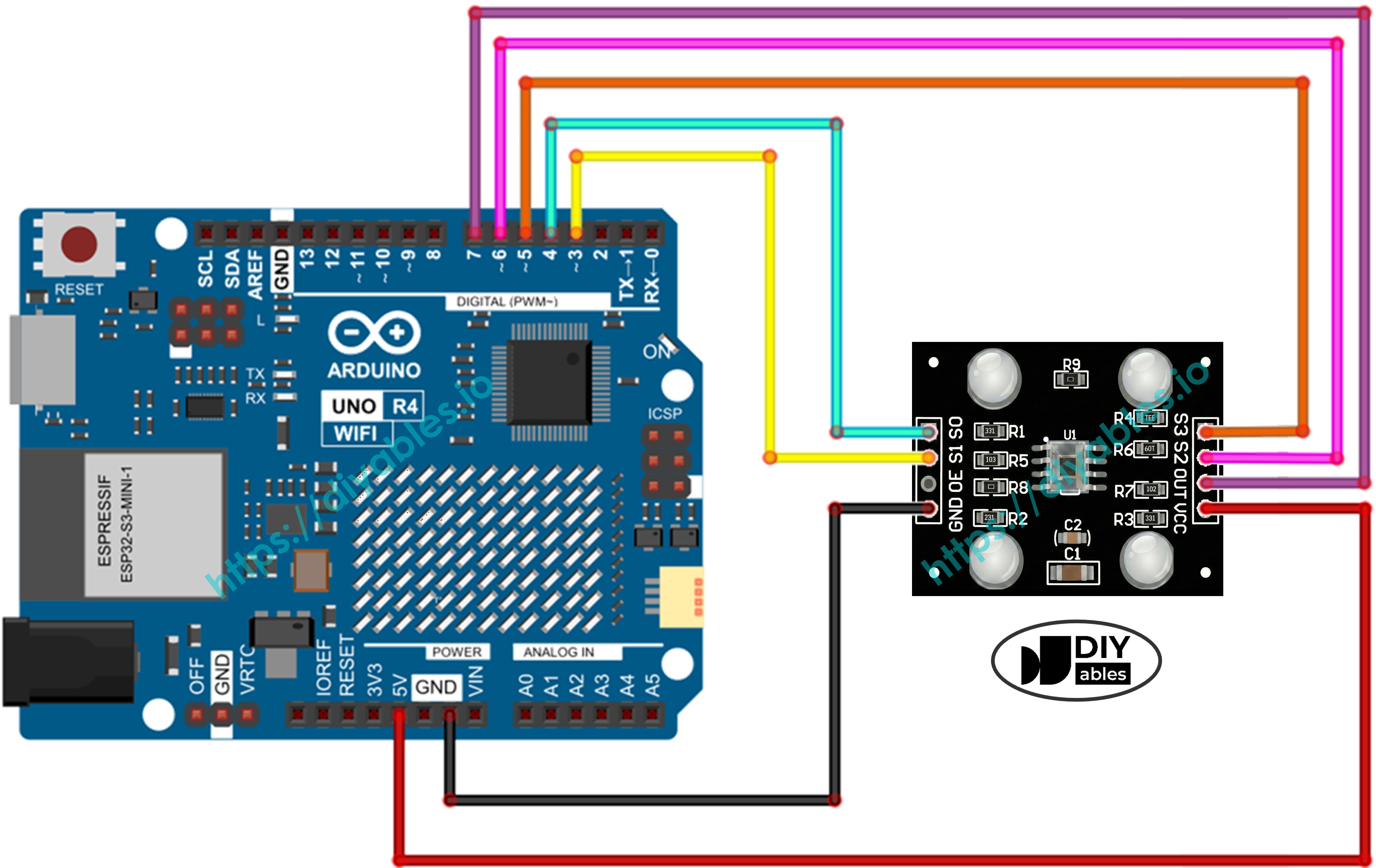 Arduino UNO R4 en TCS3200 kleur sensor bedradingsschema met verbinding tussen pins