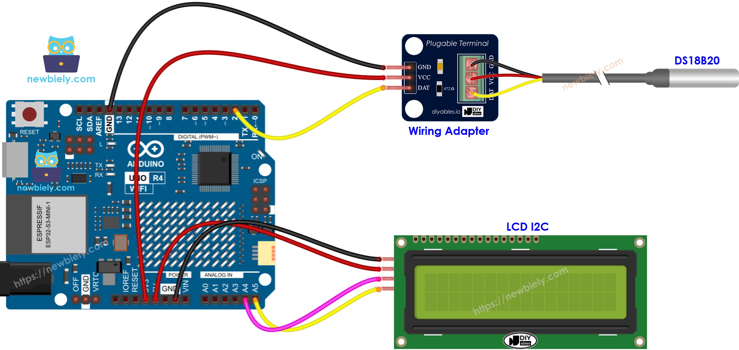 Arduino UNO R4 Temperature Sensor LCD Wiring Diagram