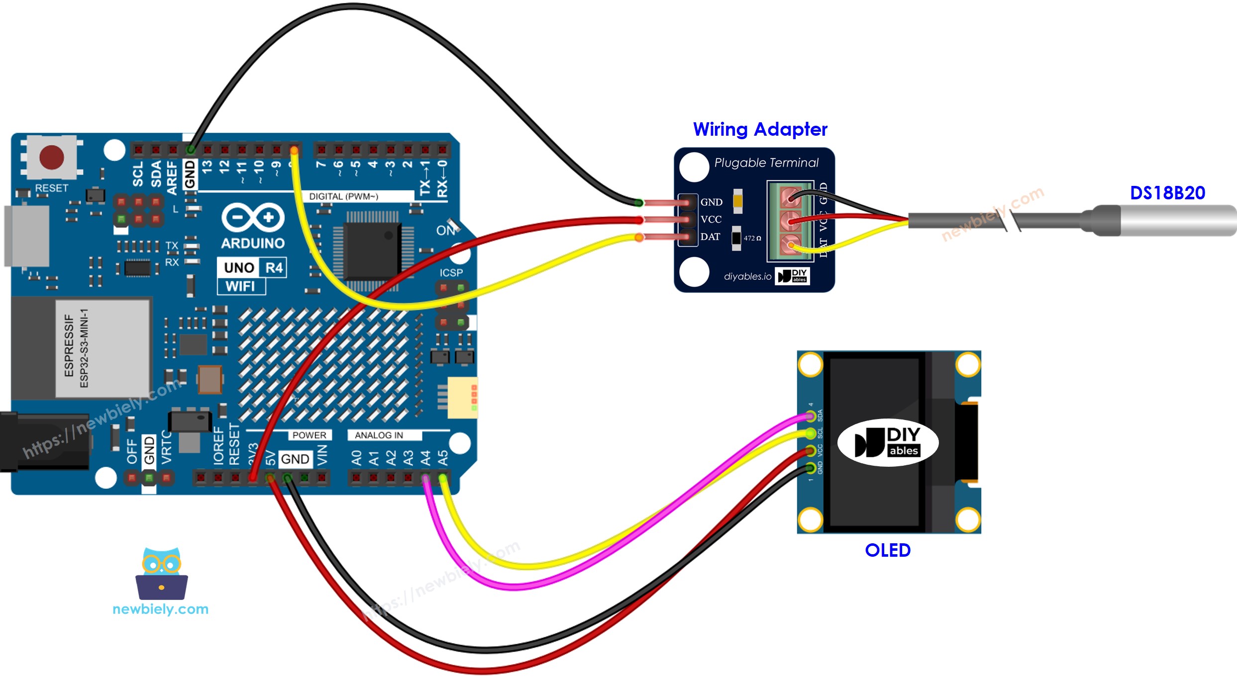 Arduino UNO R4 DS18B20 Temperatuursensor OLED Bedradingsschema