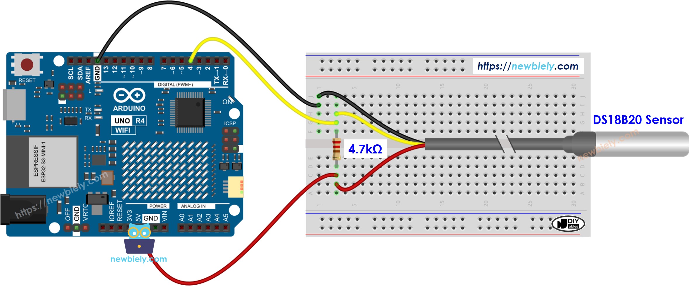 Arduino UNO R4 Temperatuursensor Bedradingsschema