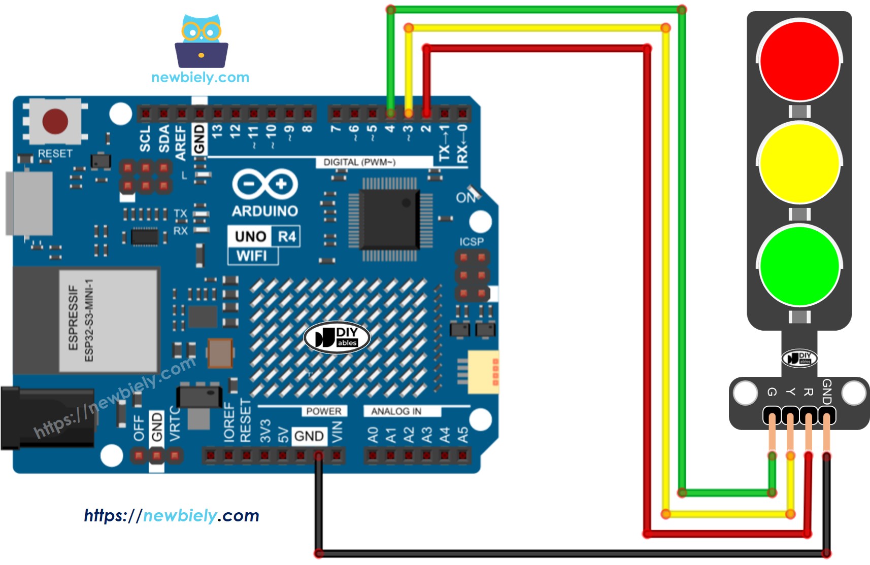 Arduino UNO R4 verkeerslicht Bedradingsschema