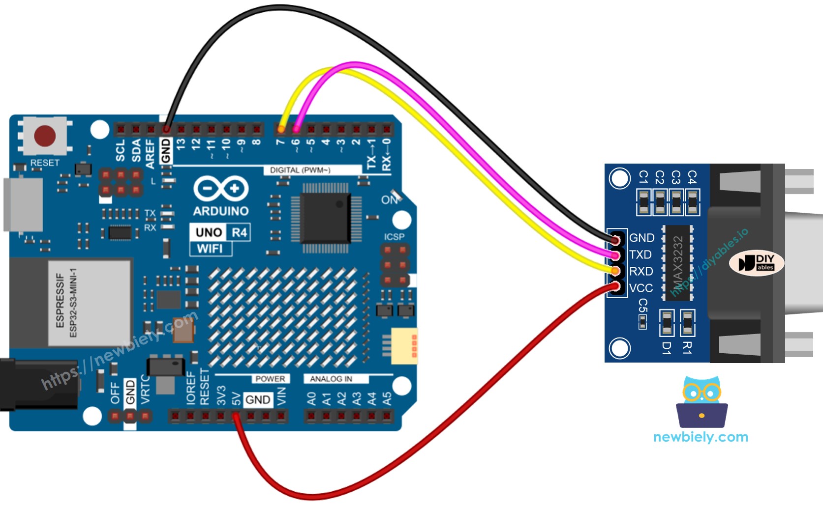 Arduino UNO R4 RS232 naar TTL Bedradingsschema