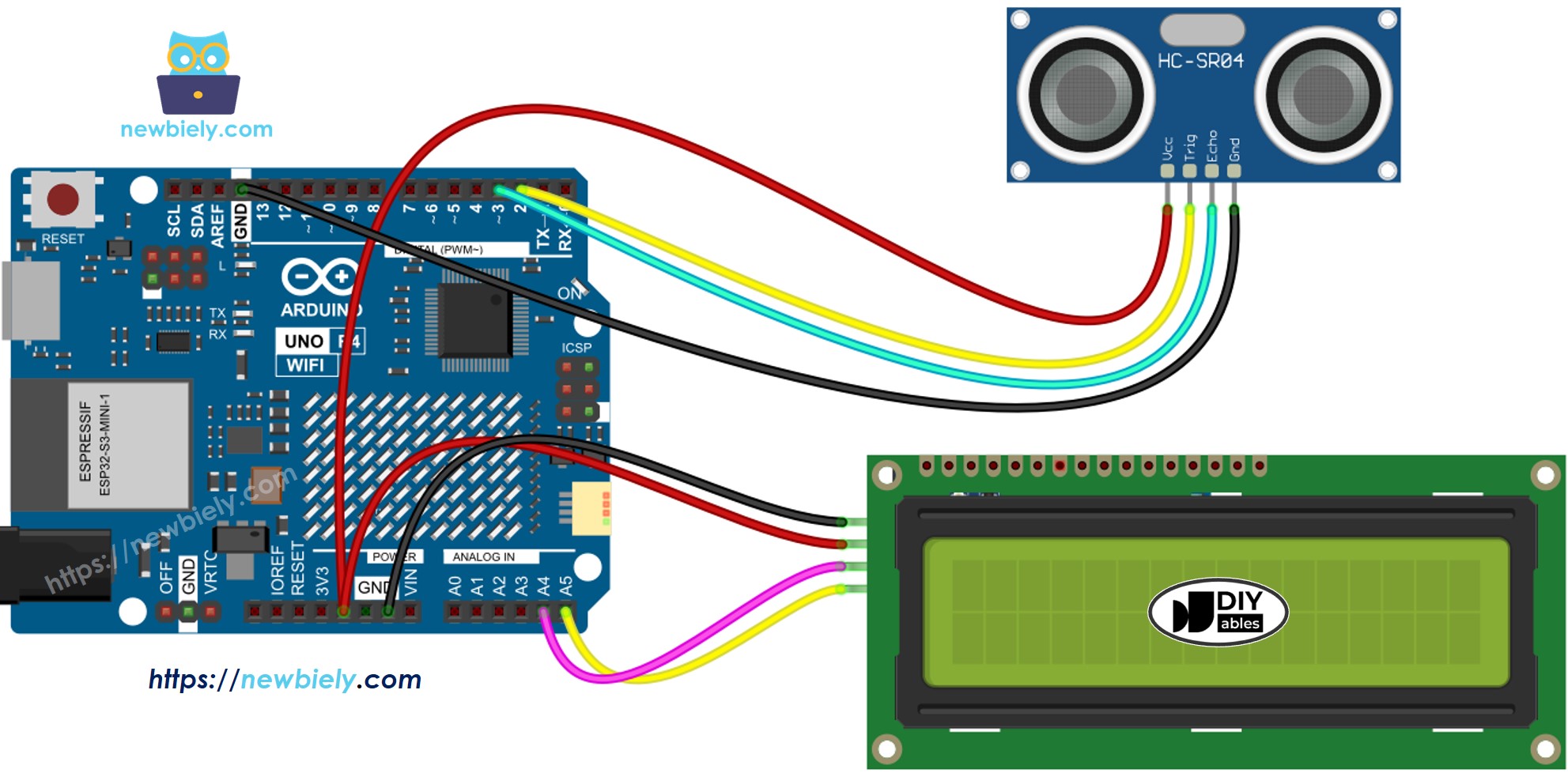 Arduino UNO R4 Ultrasonic LCD Wiring Diagram