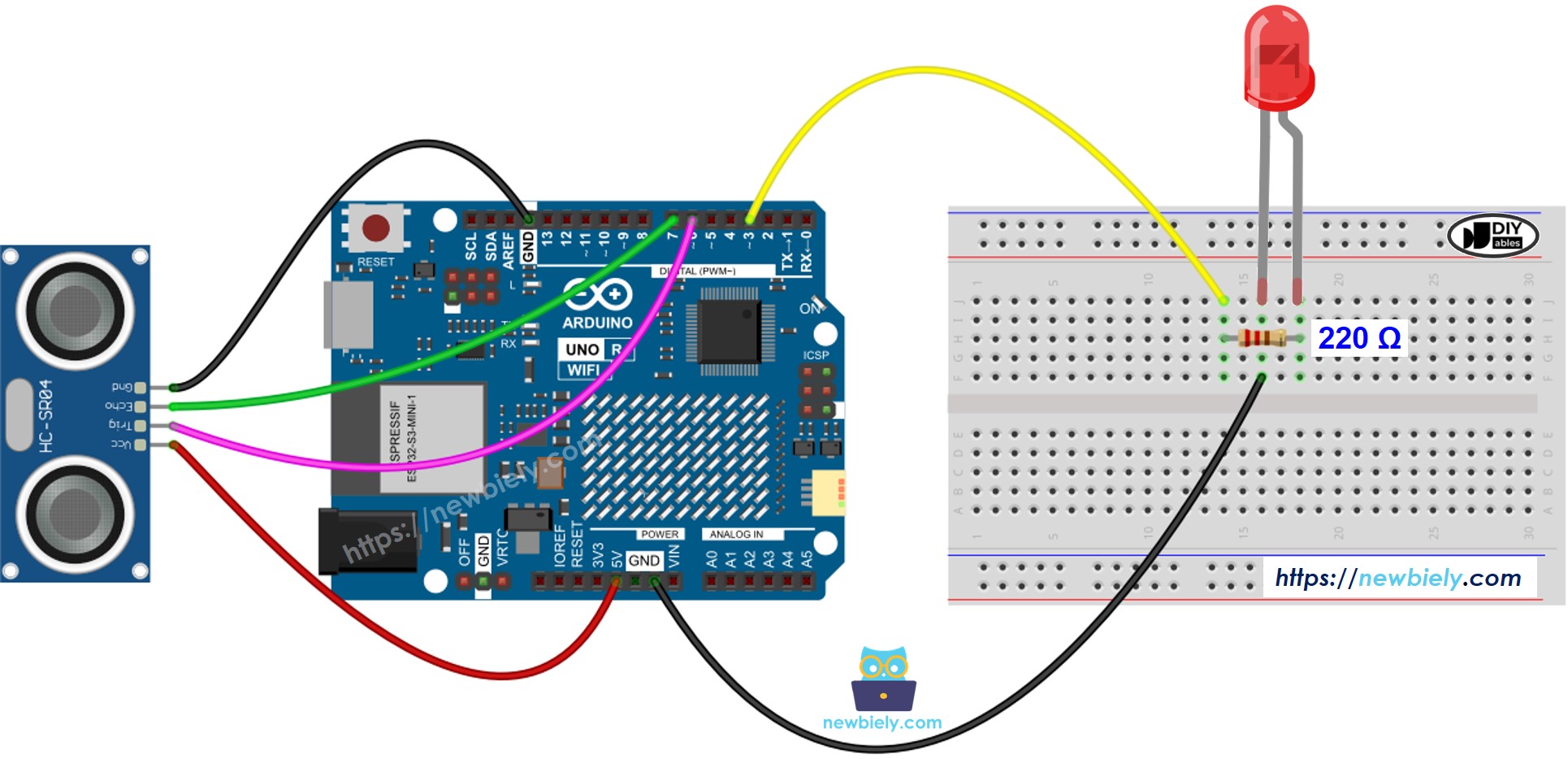 Arduino UNO R4 Ultrasone Sensor LED Bedradingsschema