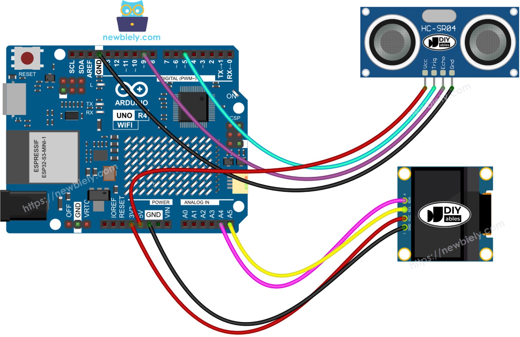 Arduino UNO R4 Ultrasone Sensor OLED Bedradingsdiagram