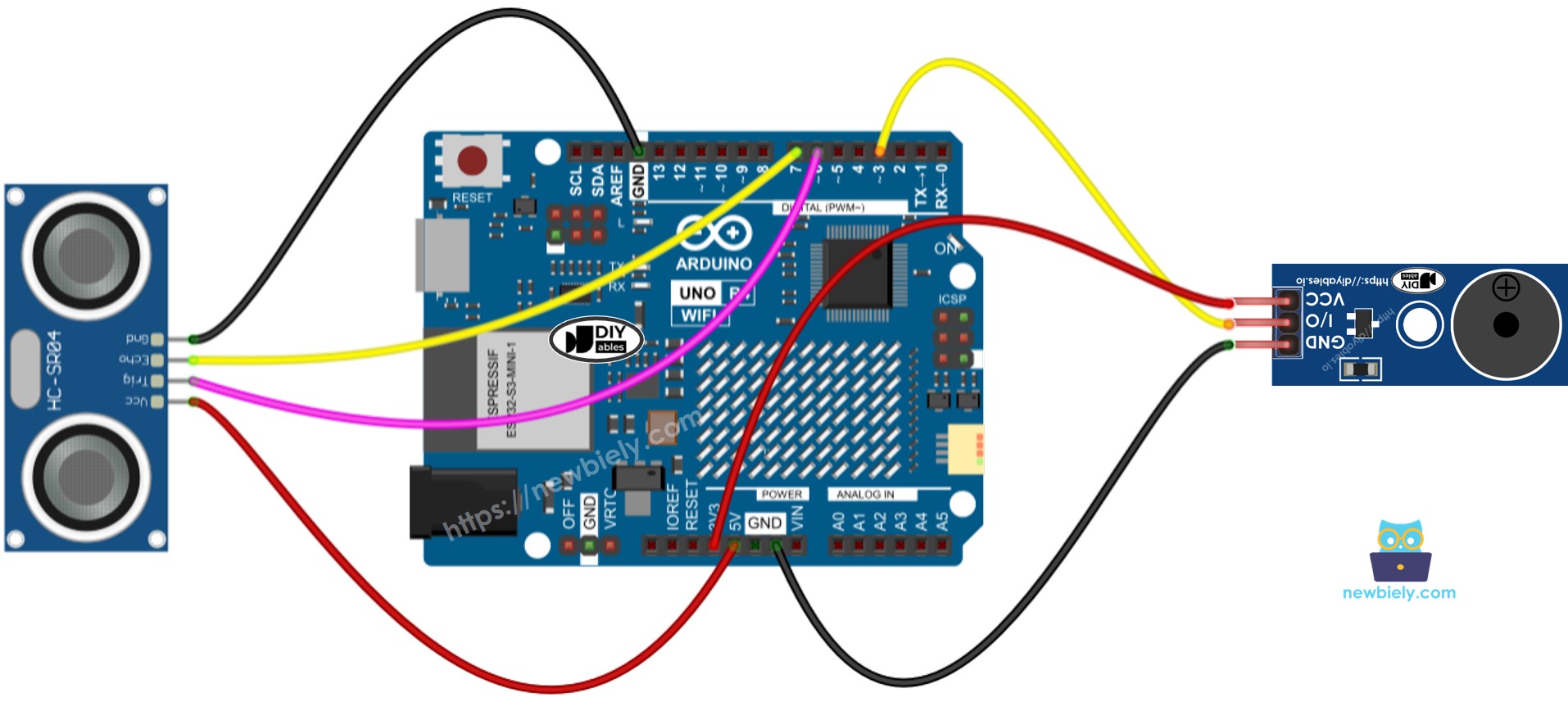 Arduino UNO R4 ultrasonic sensor piezo buzzer module wiring diagram