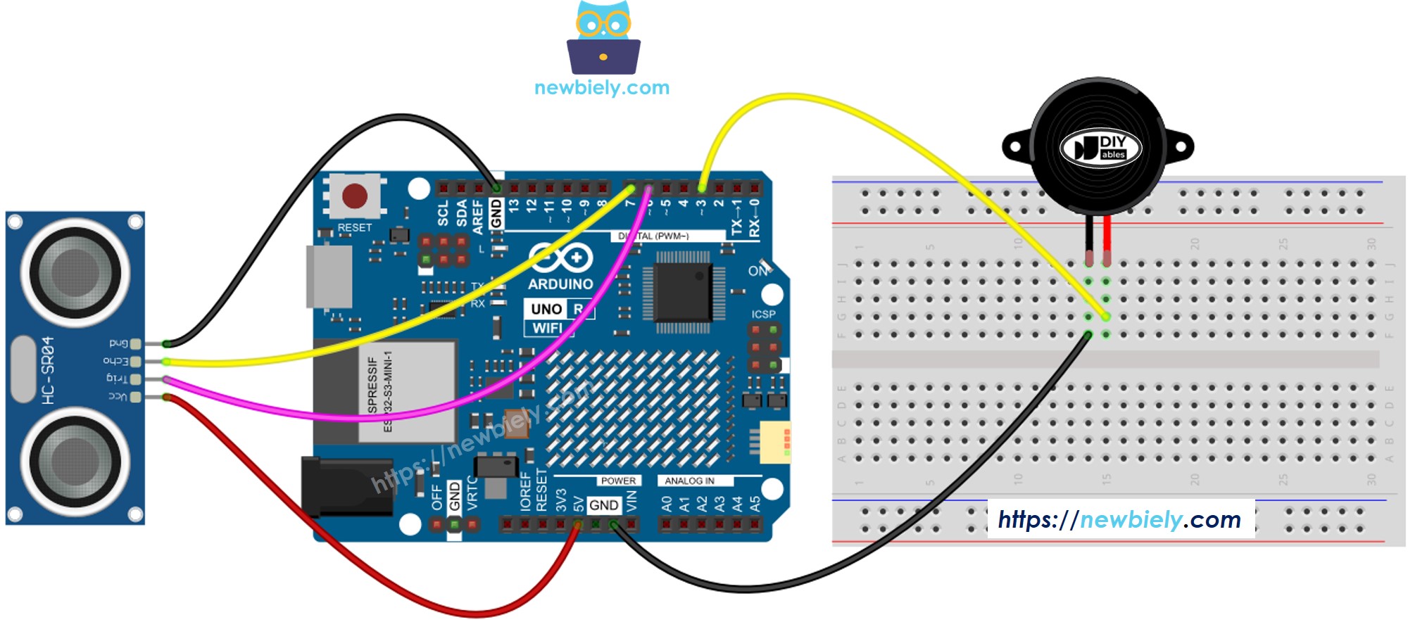 Arduino UNO R4 ultrasonic sensor piezo buzzer wiring diagram
