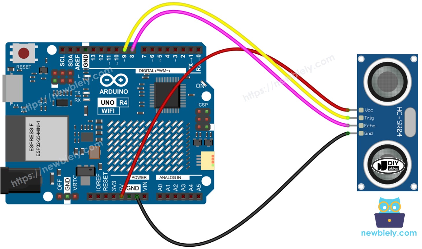 Arduino UNO R4 Ultrasone Sensor Bedradingsschema