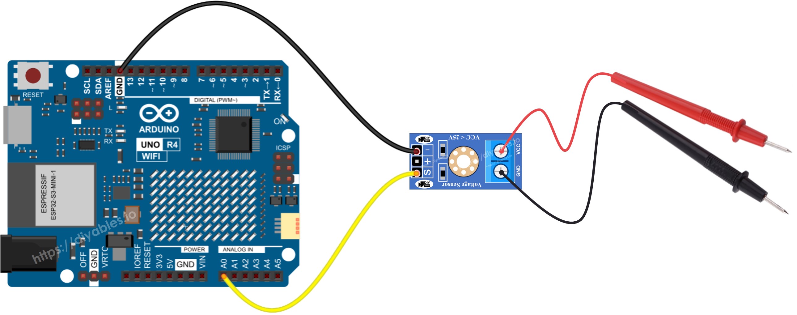 Arduino UNO R4 voltage sensor Wiring Diagram