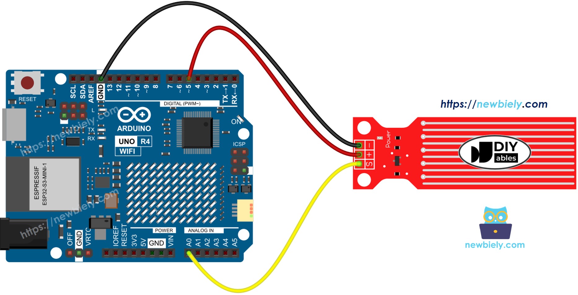 Arduino UNO R4 Water Sensor wiring diagram
