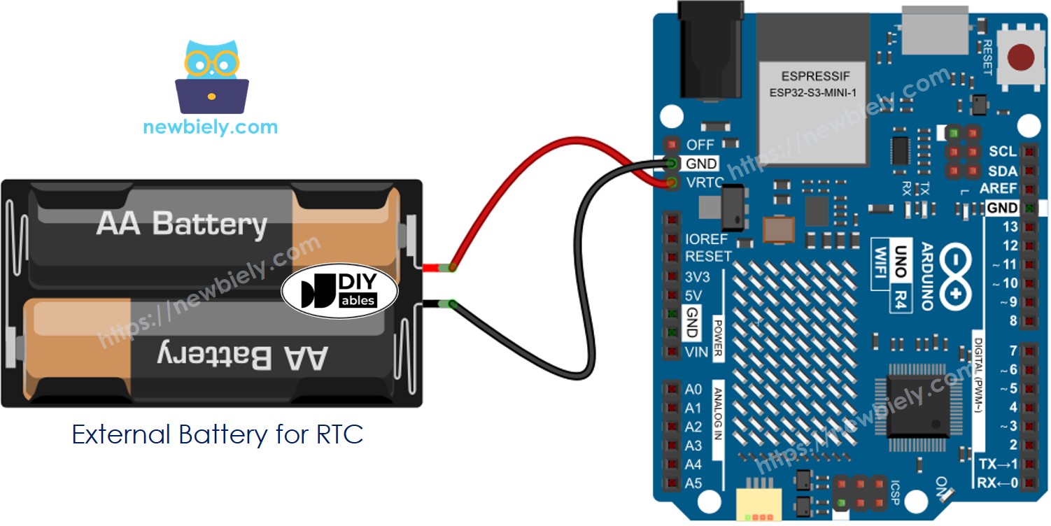 Arduino UNO R4 WiFi RTC backup battery Wiring Diagram