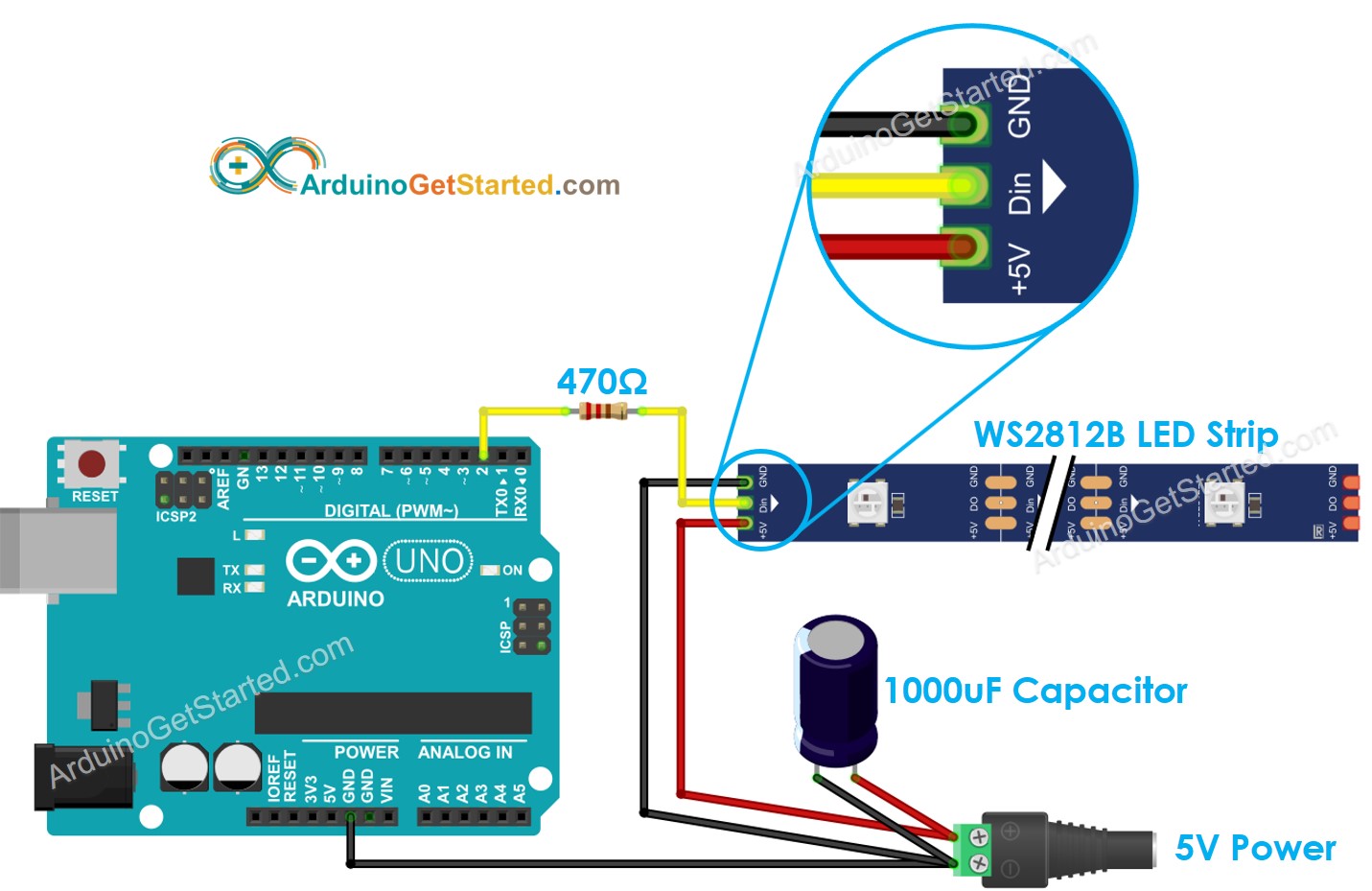 Arduino WS2812B RGB LED strip Aansluitschema