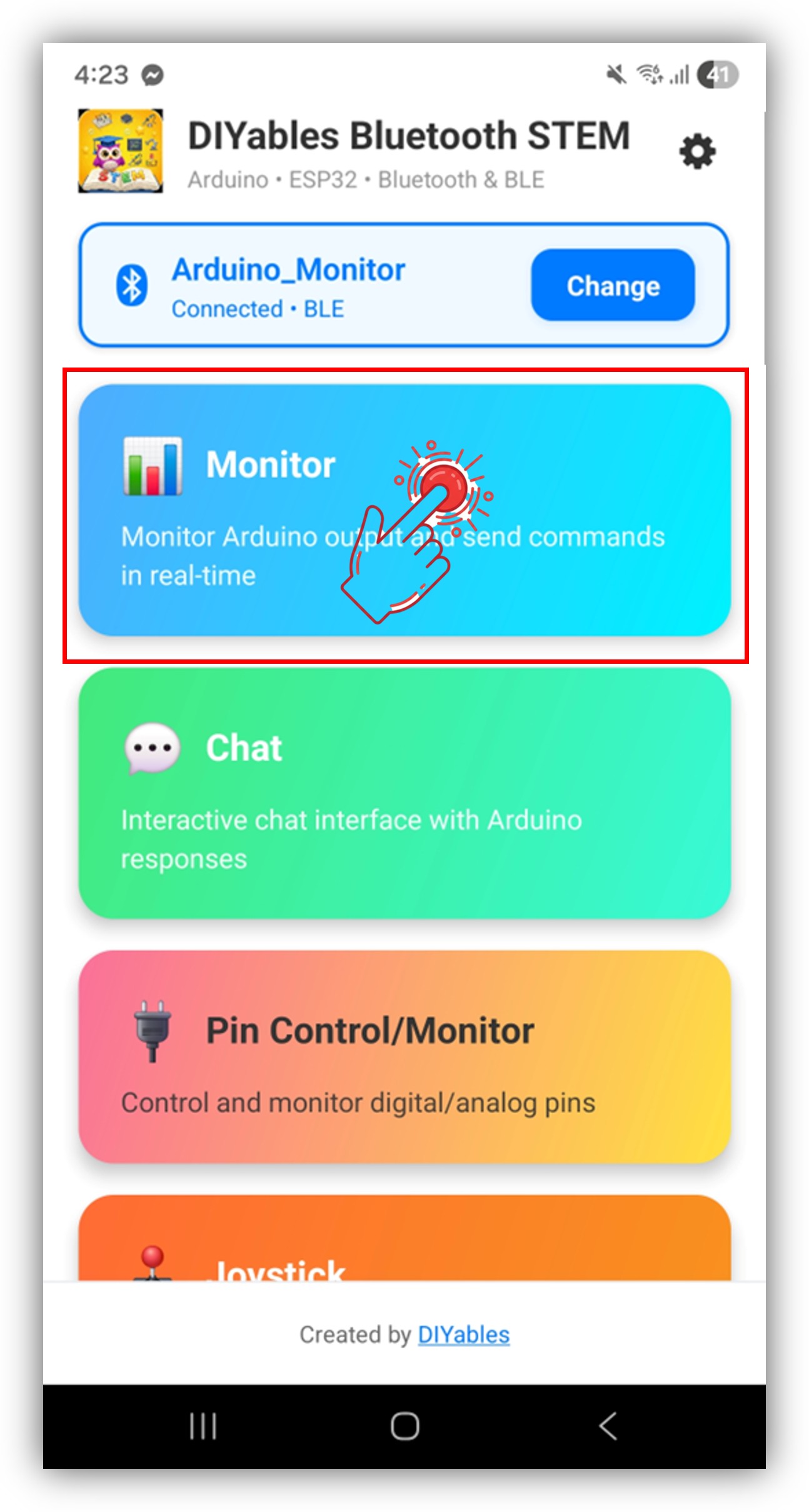 DIYables Bluetooth App - Startscherm met Monitor App