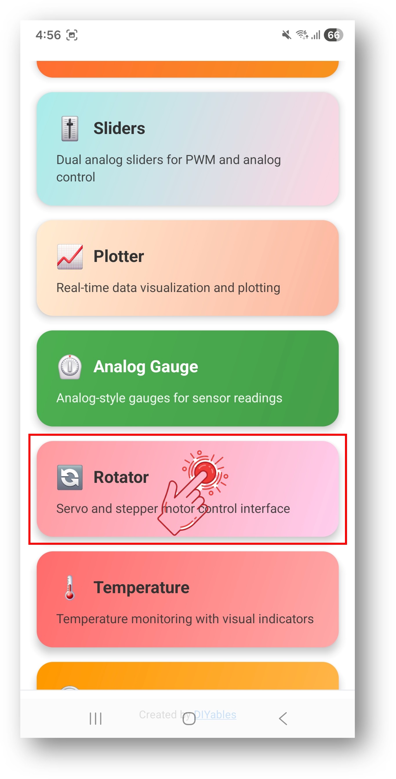DIYables Bluetooth App - Beginscherm met Rotator App