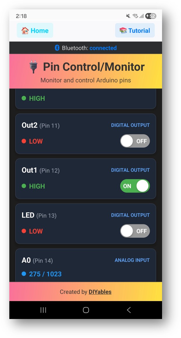 DIYables Bluetooth App - Digital Pins scherm
