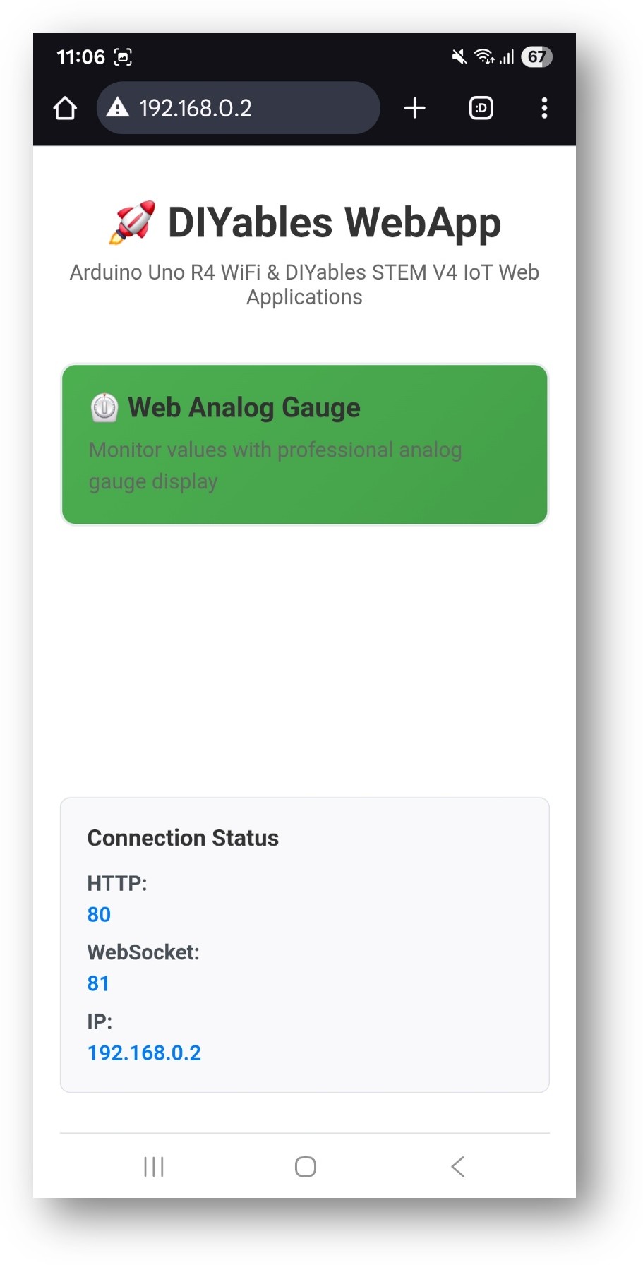 ESP32 DIYables WebApp Home page with Web Analog Gauge app