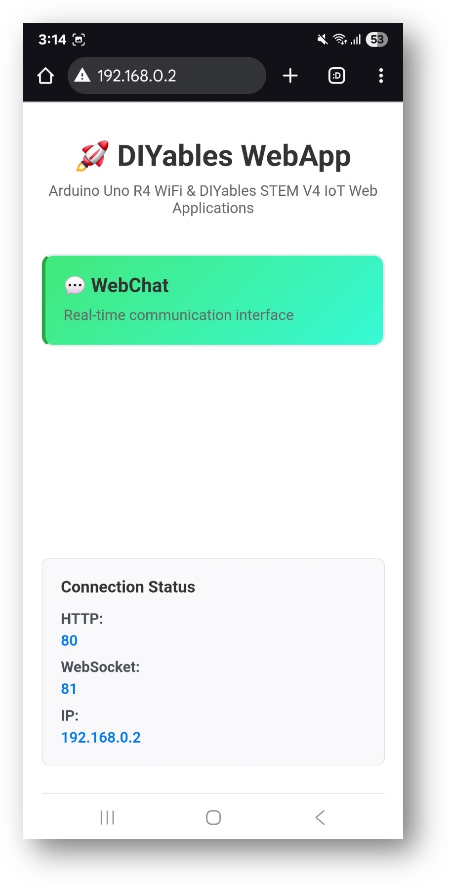 ESP32 DIYables WebApp Startpagina met Web Chat app