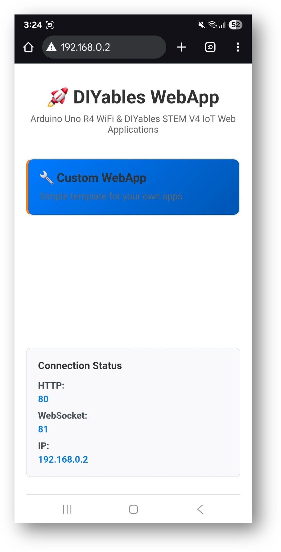 ESP32 DIYables WebApp Home page with Web Custom app