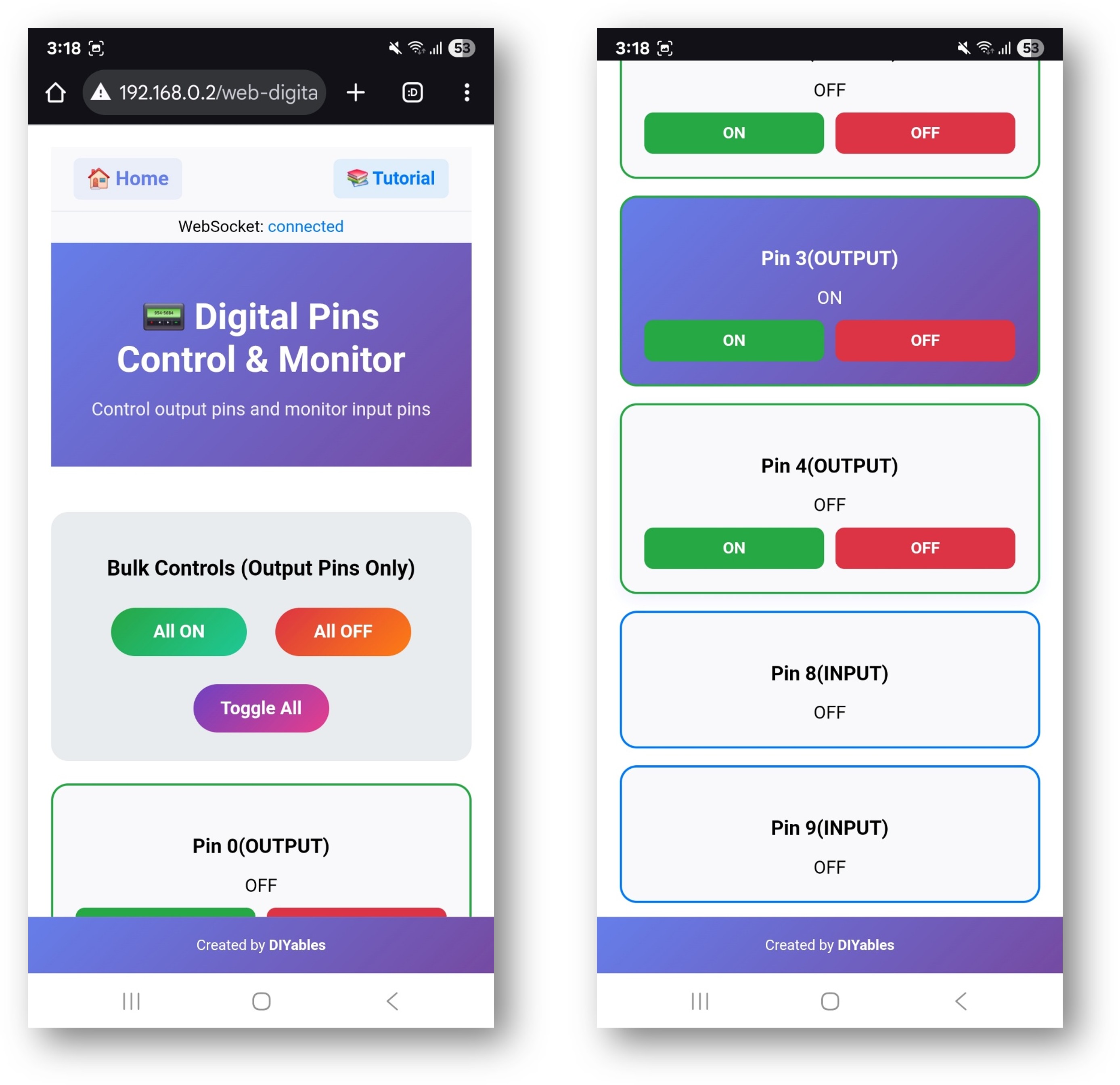 ESP32 DIYables WebApp Web Digital Pins app