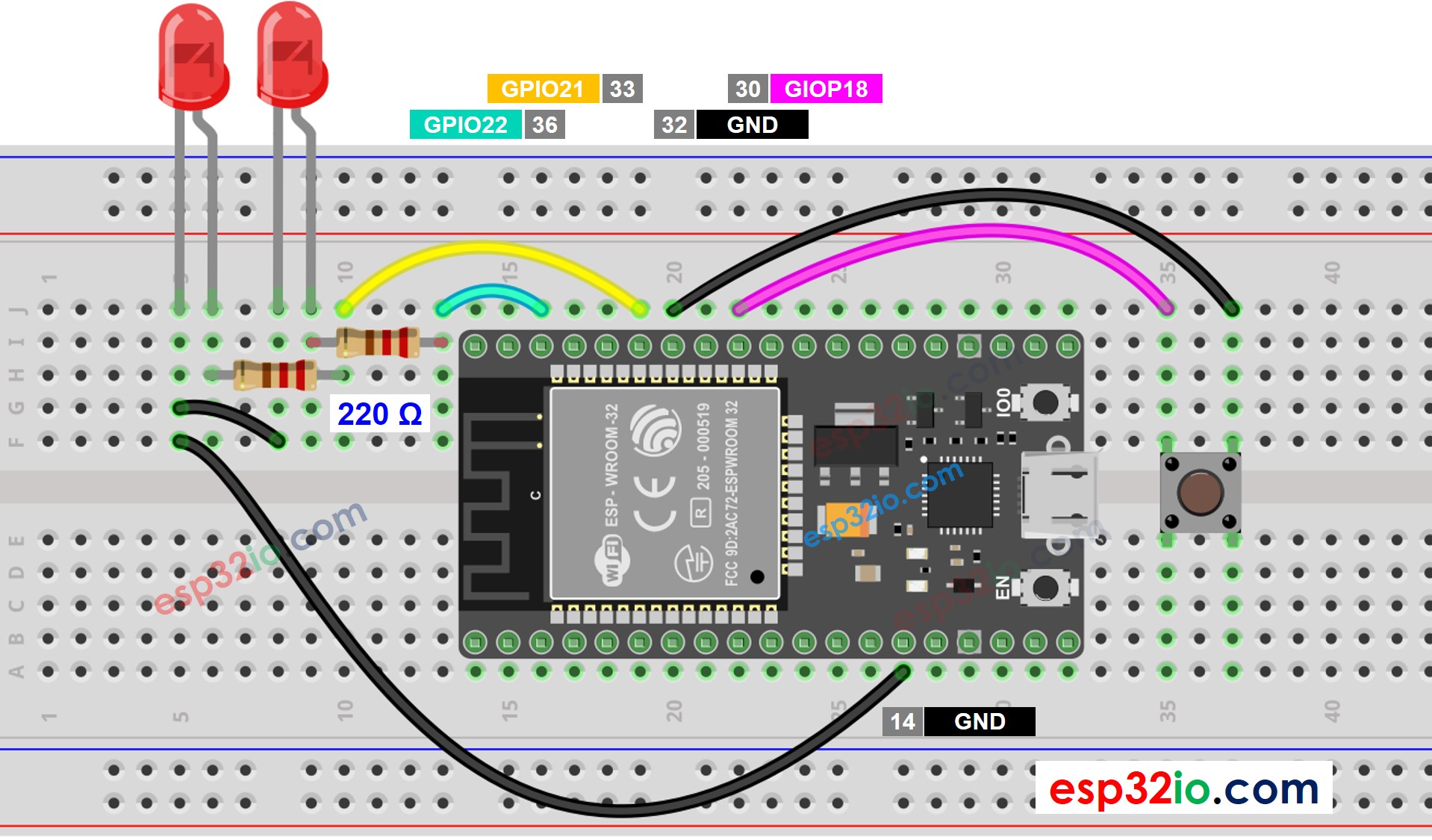ESP32 LED twee knop Bedradingsschema