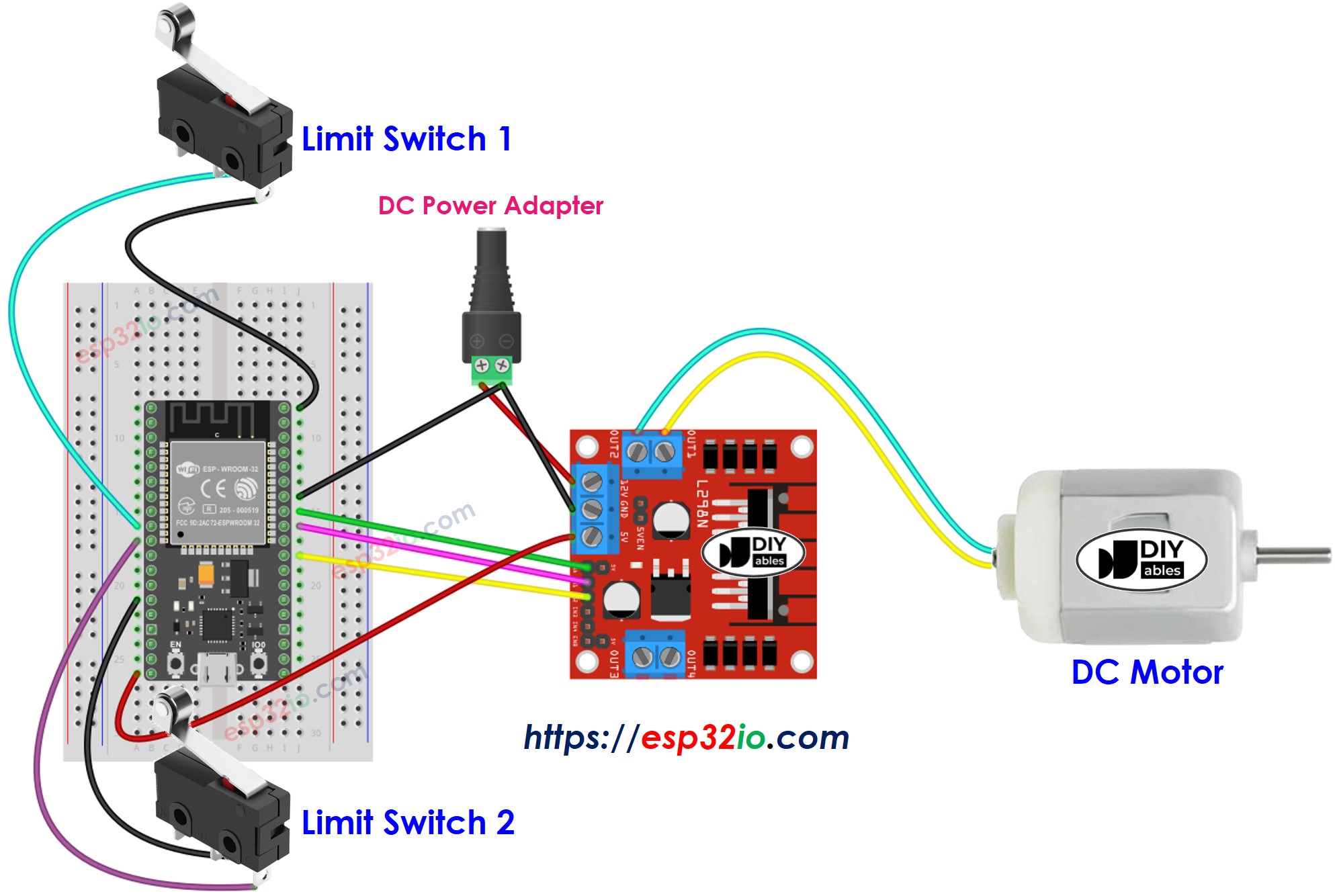 ESP32 DC motor en twee eindschakelaars aansluitschema
