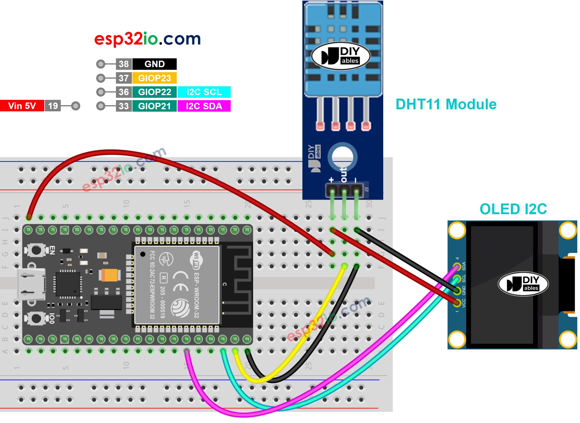 ESP32 DHT11 module OLED Bedradingsschema