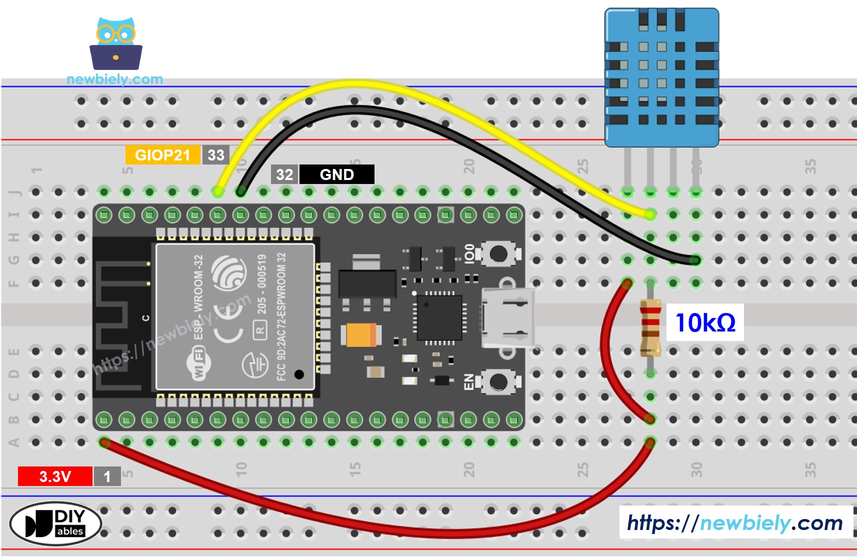 ESP32 DHT11 Temperature and humidity Sensor Wiring Diagram