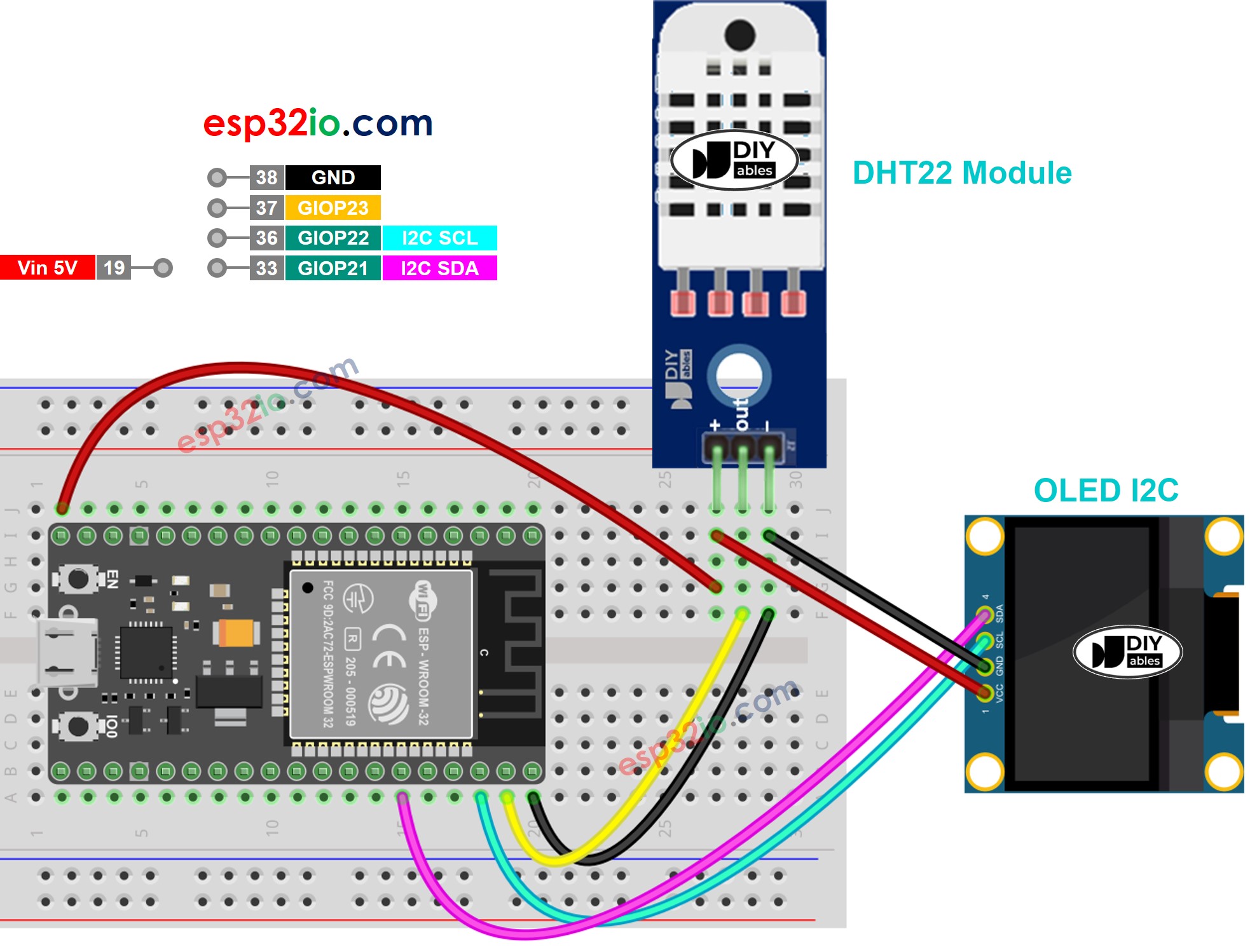 ESP32 DHT22 module OLED Bedradingsschema