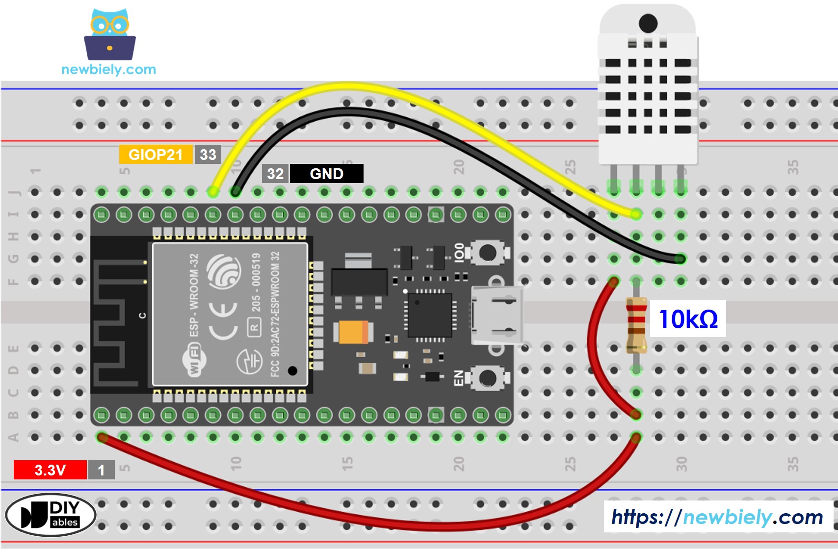 ESP32 DHT22 Temperature and humidity Sensor Wiring Diagram
