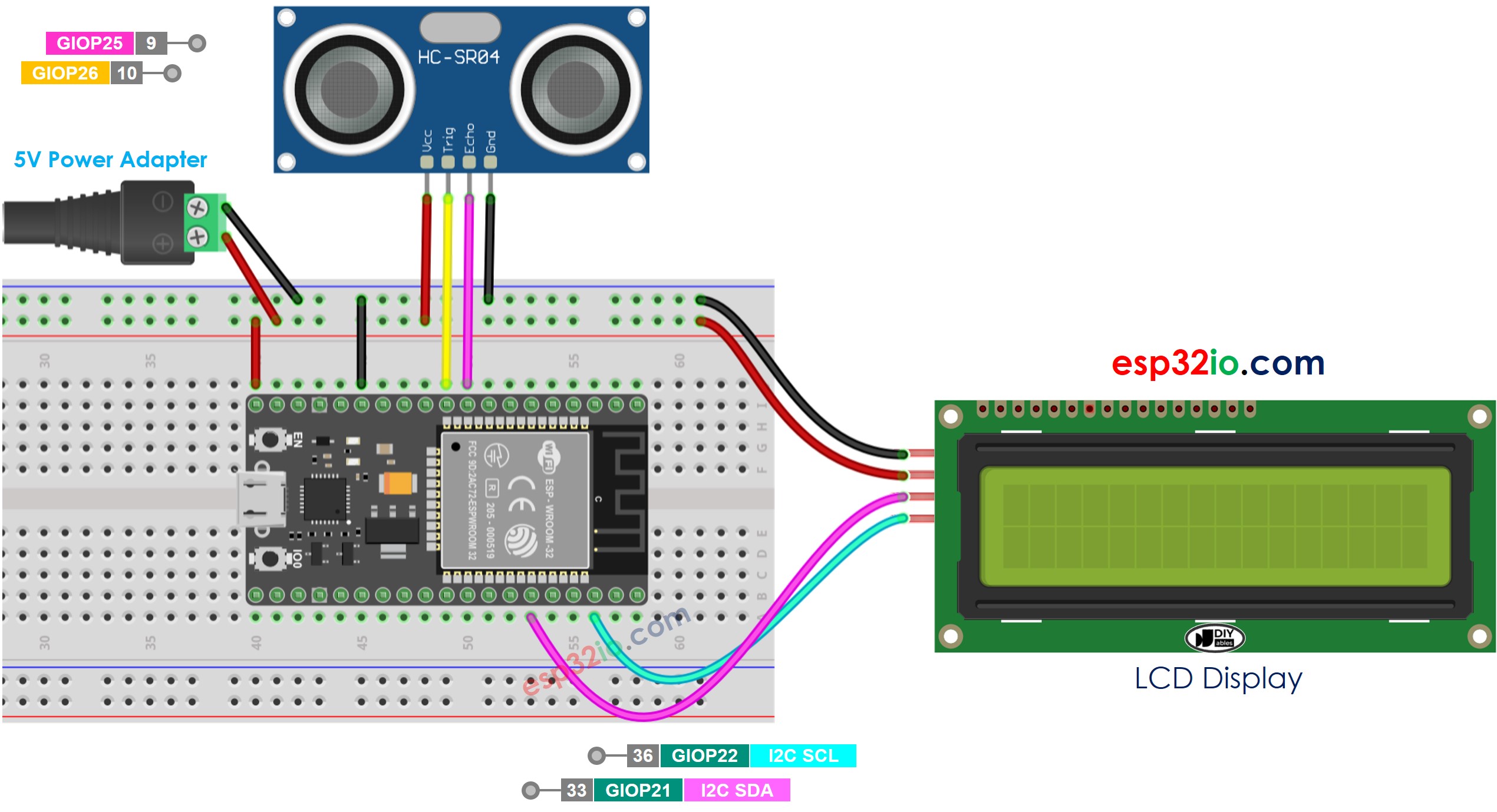 ESP32 Ultrasone Sensor LCD Bedrading Schema