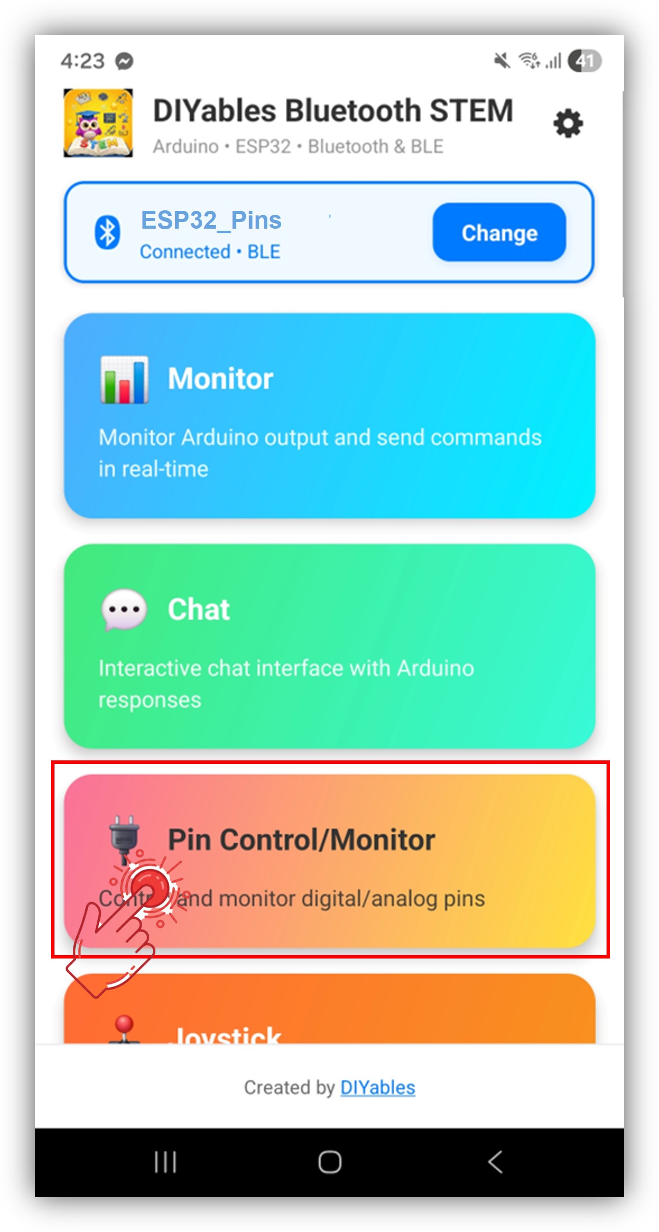 DIYables Bluetooth App - Startscherm met Digital Pins app