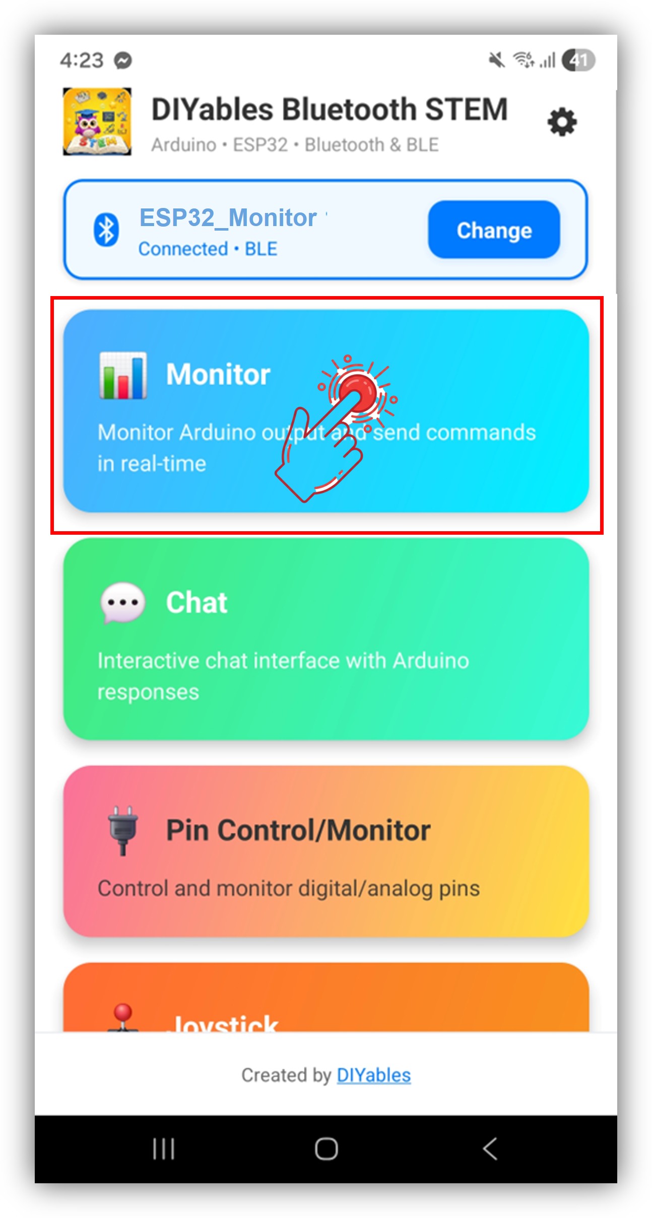 DIYables Bluetooth App - Startscherm met Monitor App