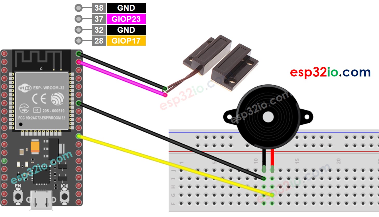 ESP32 Deursensor Piezo Buzzer Bedradingsschema