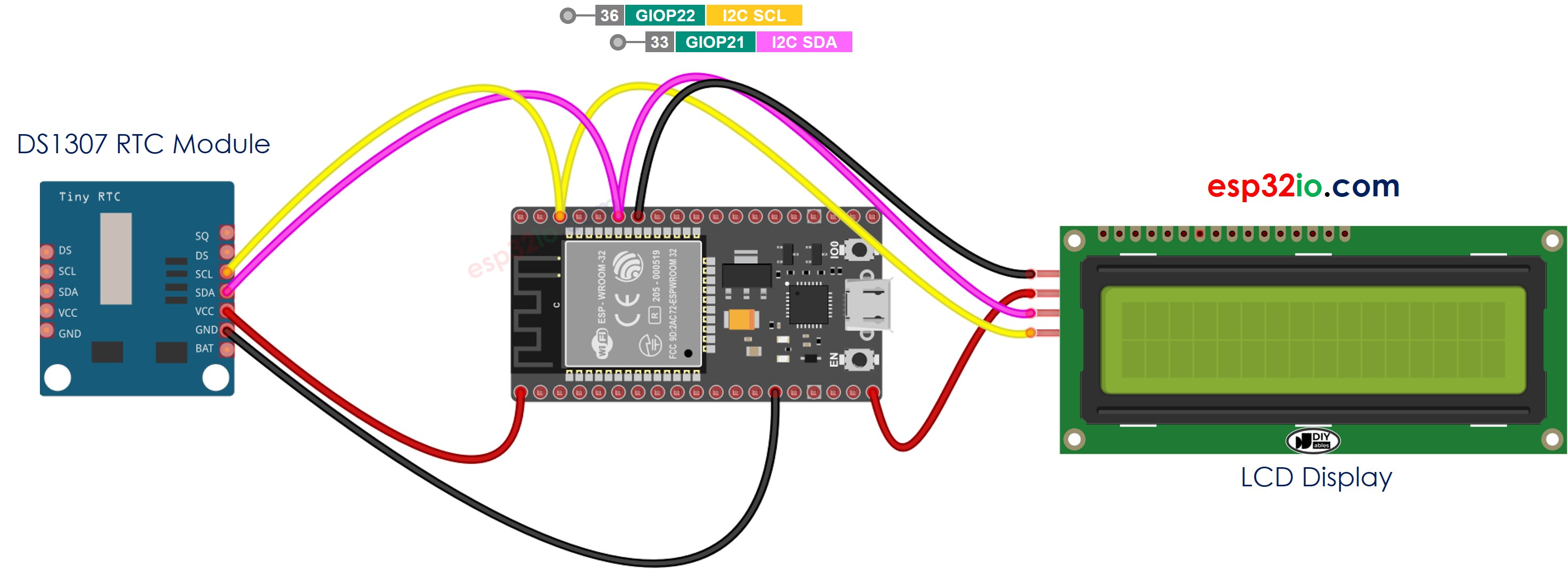 ESP32 DS1307 LCD Aansluitschema