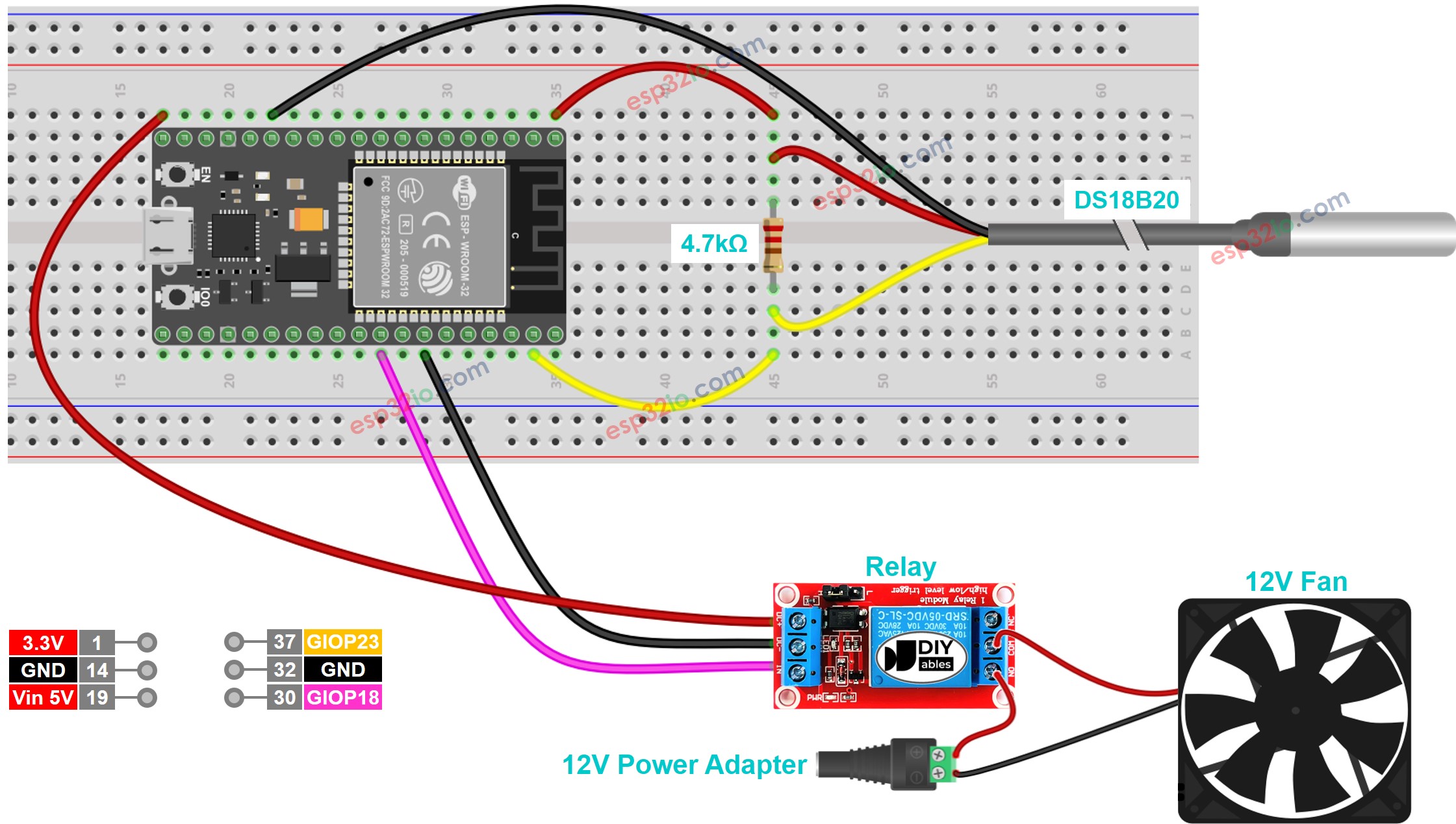 ESP32 temperatuursensor koelsysteem aansluitdiagram