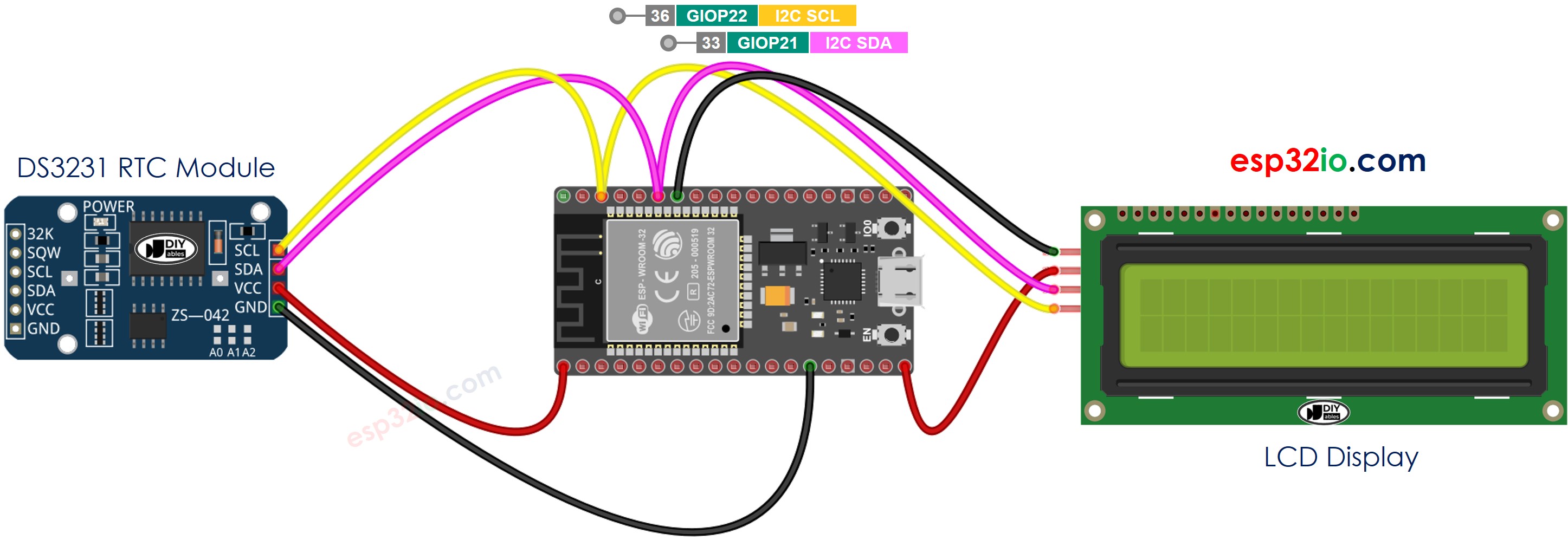 ESP32 DS3231 LCD Aansluitschema
